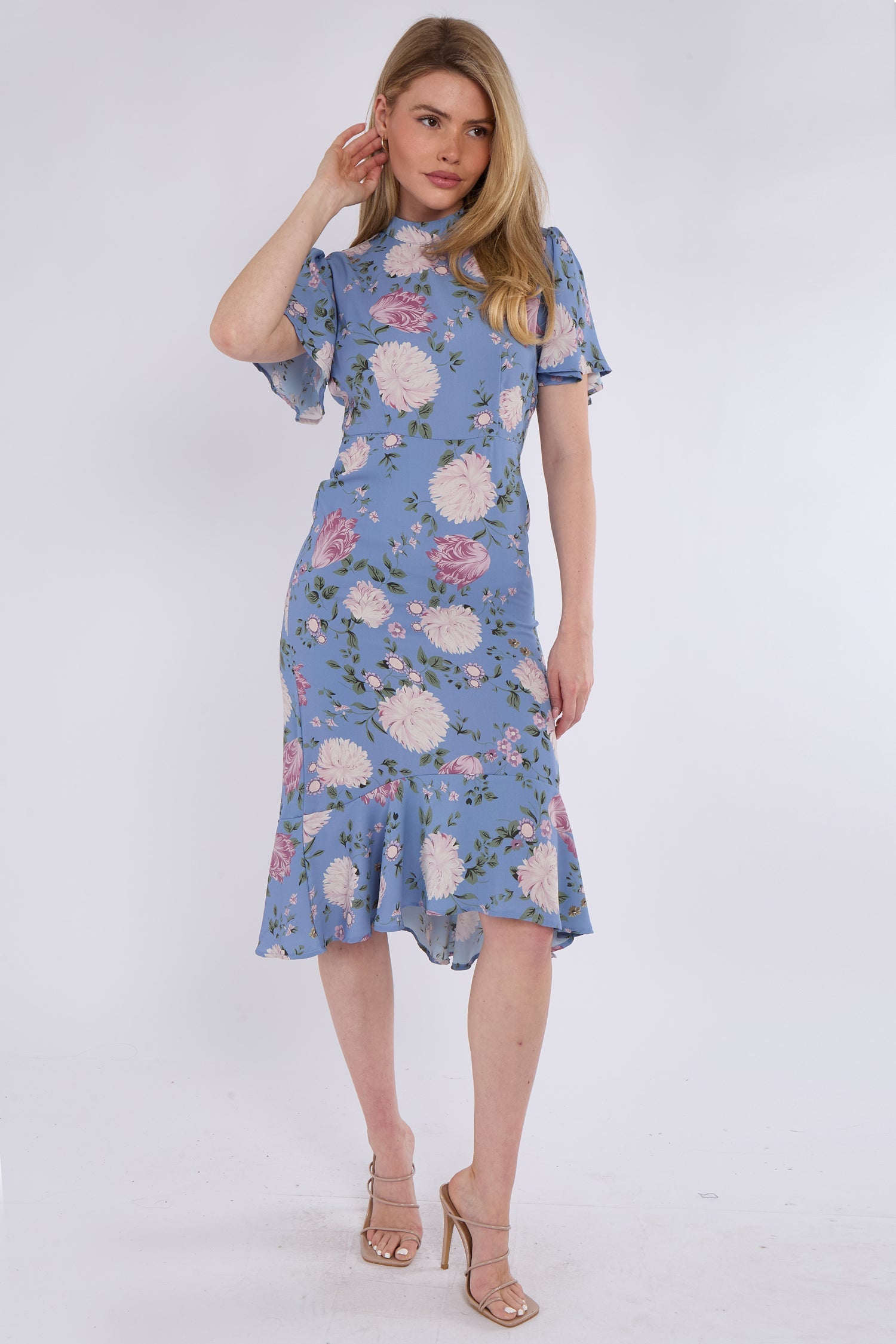 8Pcs Blue Peony Flutter Sleeve Midi Tea Dress