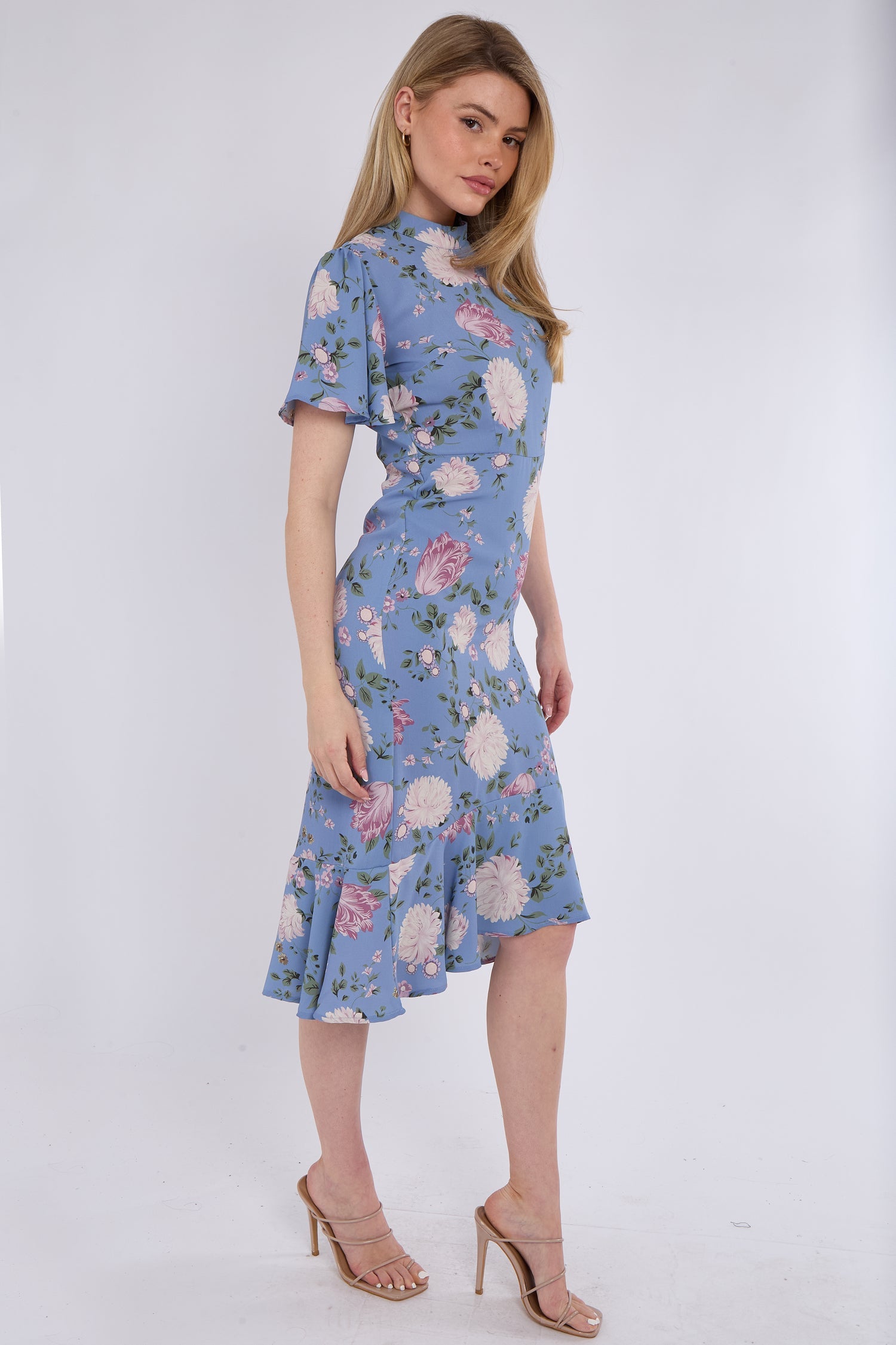 8Pcs Blue Peony Flutter Sleeve Midi Tea Dress