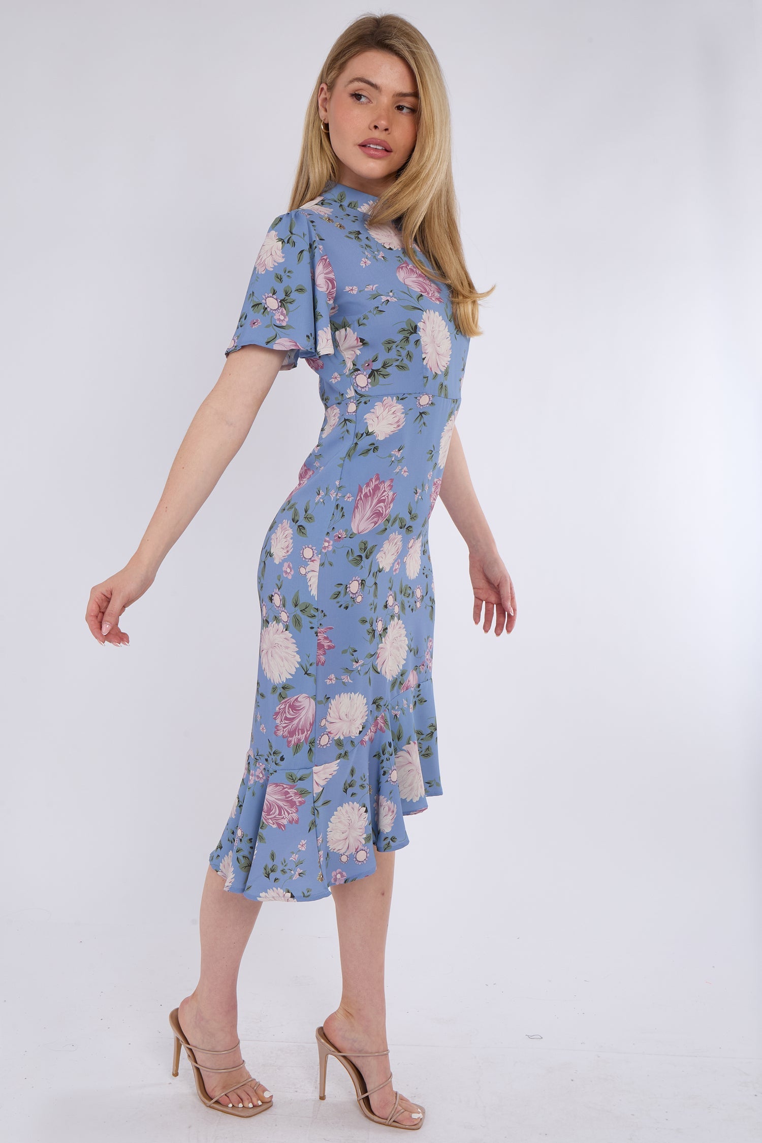 8Pcs Blue Peony Flutter Sleeve Midi Tea Dress