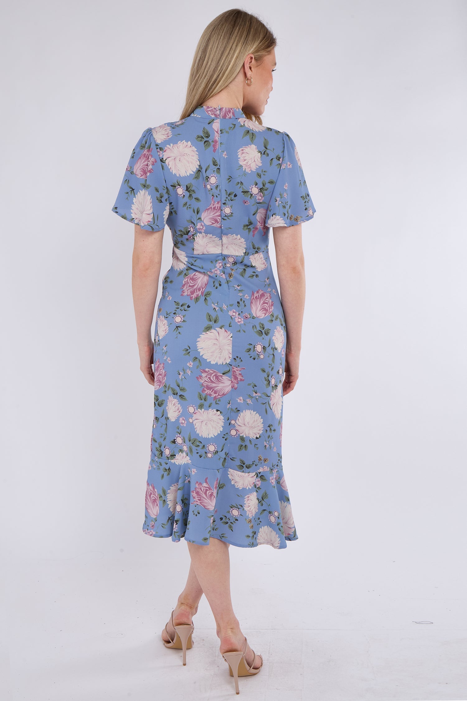 8Pcs Blue Peony Flutter Sleeve Midi Tea Dress