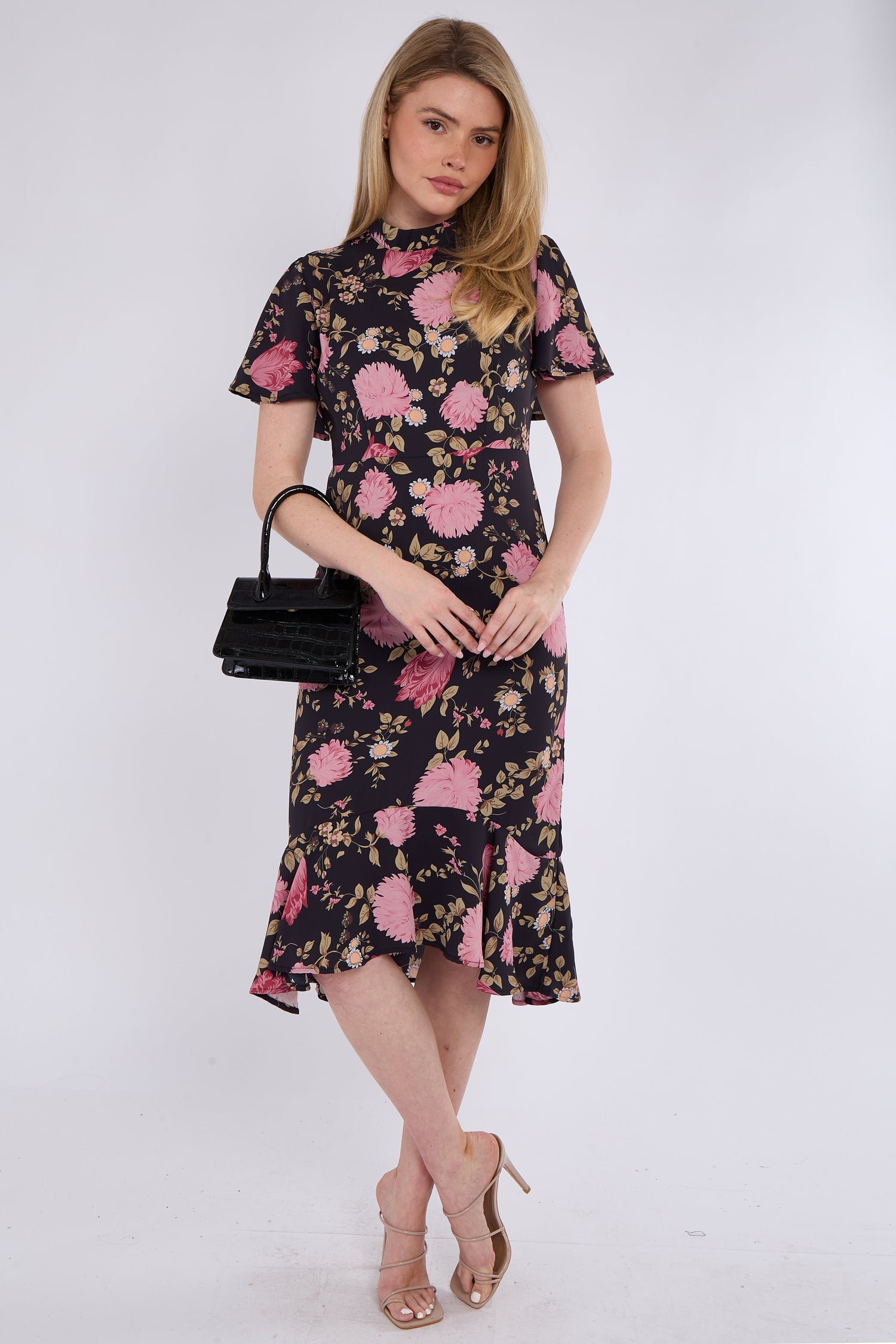 8Pcs Black Peony Printed Flutter Sleeve Midi Tea Dress
