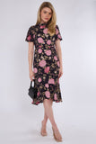 8Pcs Black Peony Printed Flutter Sleeve Midi Tea Dress