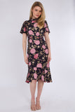 8Pcs Black Peony Printed Flutter Sleeve Midi Tea Dress