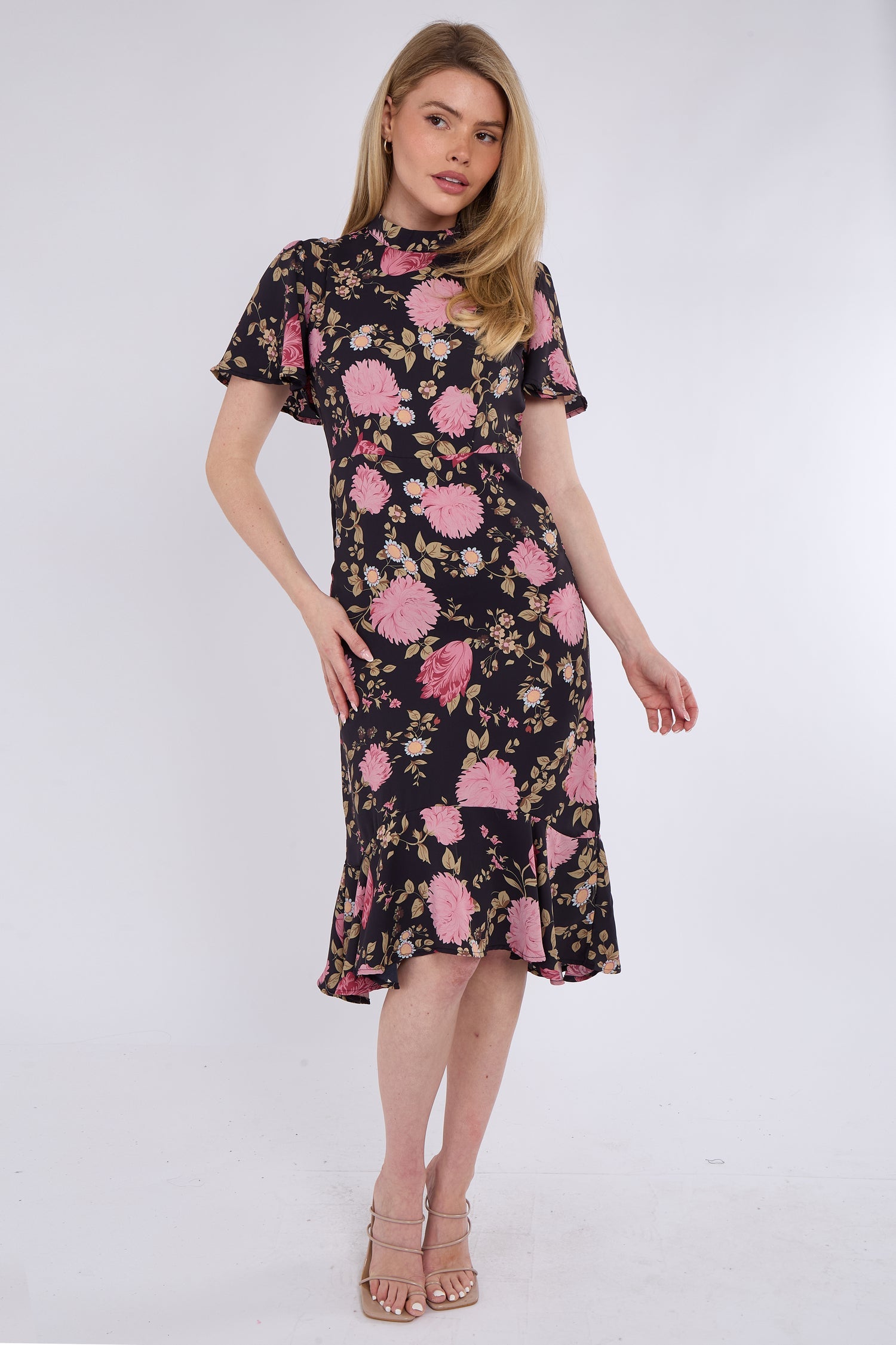 8Pcs Black Peony Printed Flutter Sleeve Midi Tea Dress