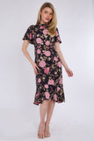 8Pcs Black Peony Printed Flutter Sleeve Midi Tea Dress