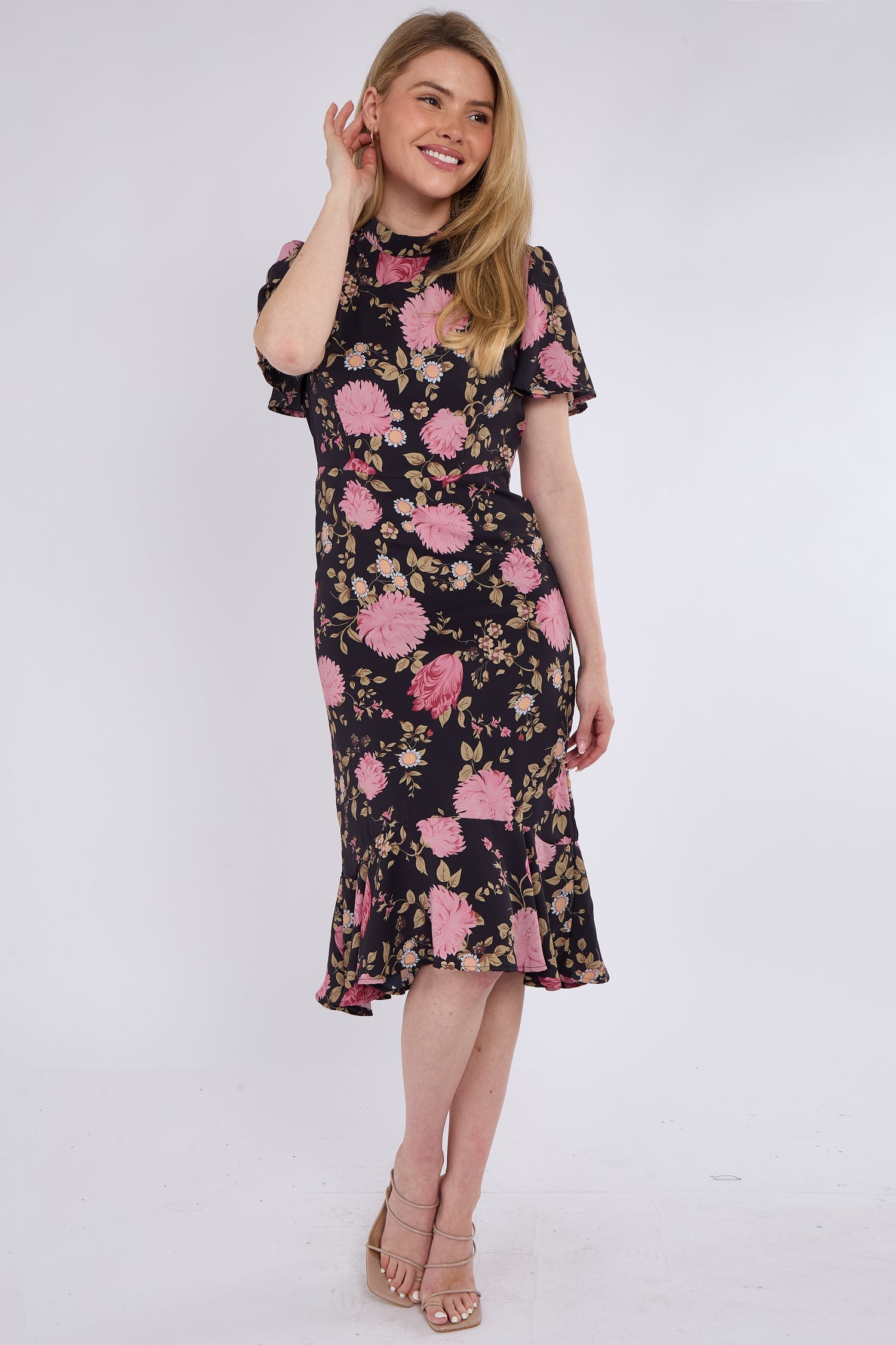 8Pcs Black Peony Printed Flutter Sleeve Midi Tea Dress