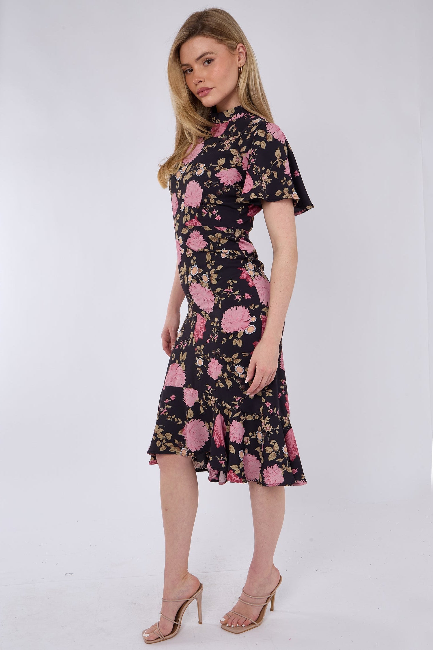 8Pcs Black Peony Printed Flutter Sleeve Midi Tea Dress