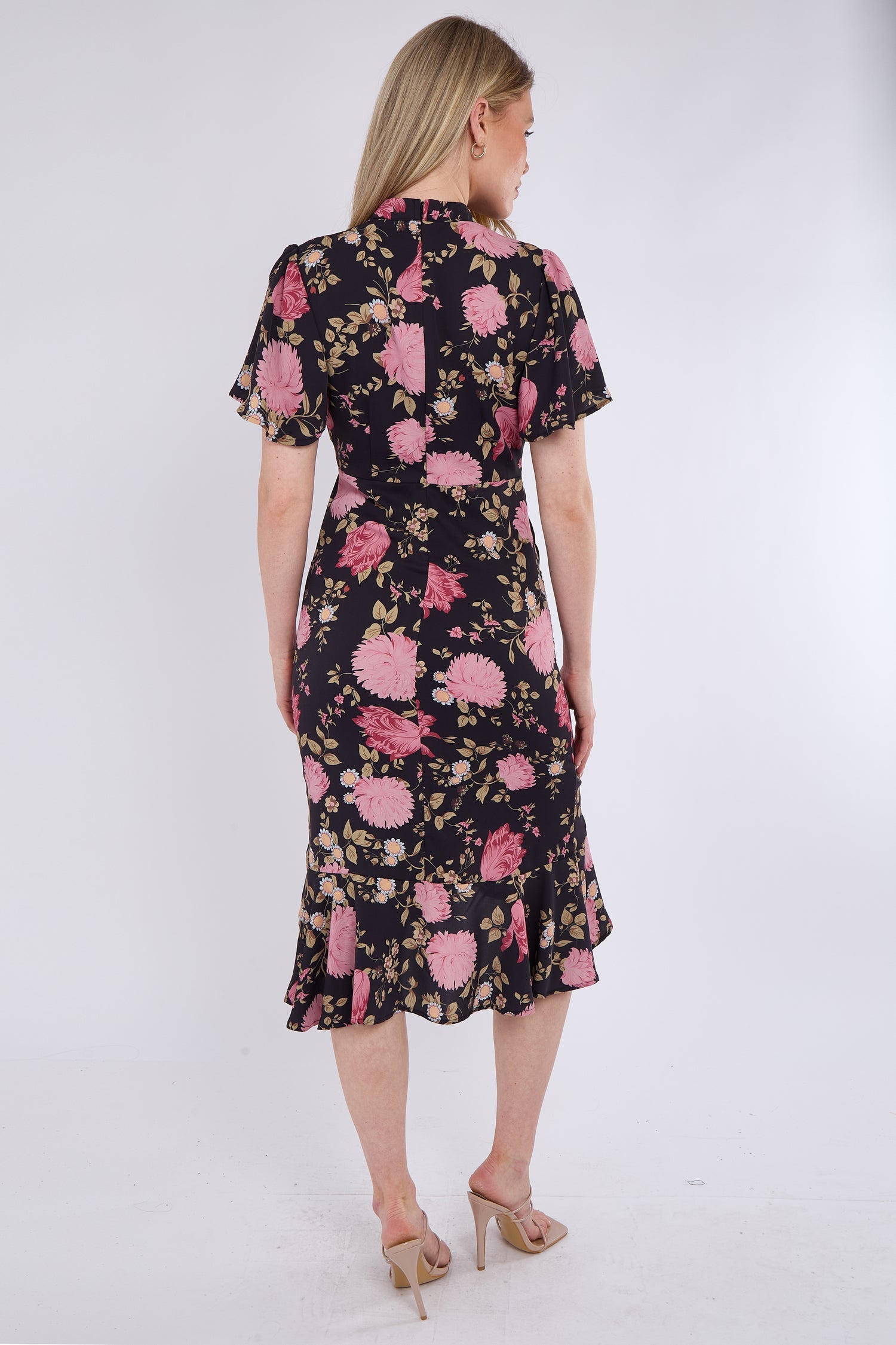 8Pcs Black Peony Printed Flutter Sleeve Midi Tea Dress