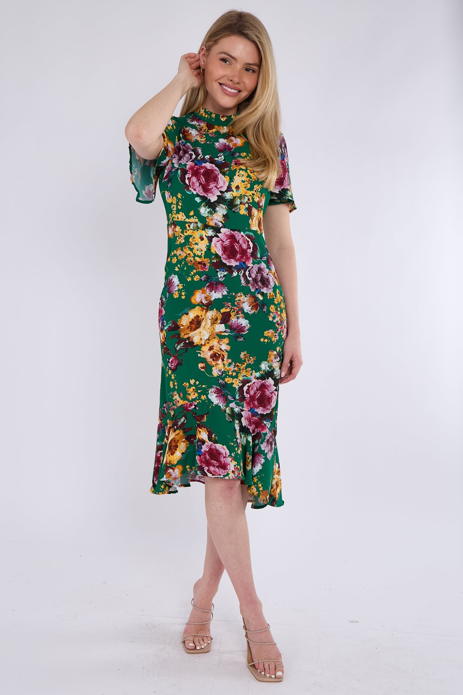 8Pcs Gren Floral Print Flutter Sleeve Midi Tea Dress
