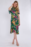 8Pcs Gren Floral Print Flutter Sleeve Midi Tea Dress