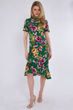 8Pcs Gren Floral Print Flutter Sleeve Midi Tea Dress