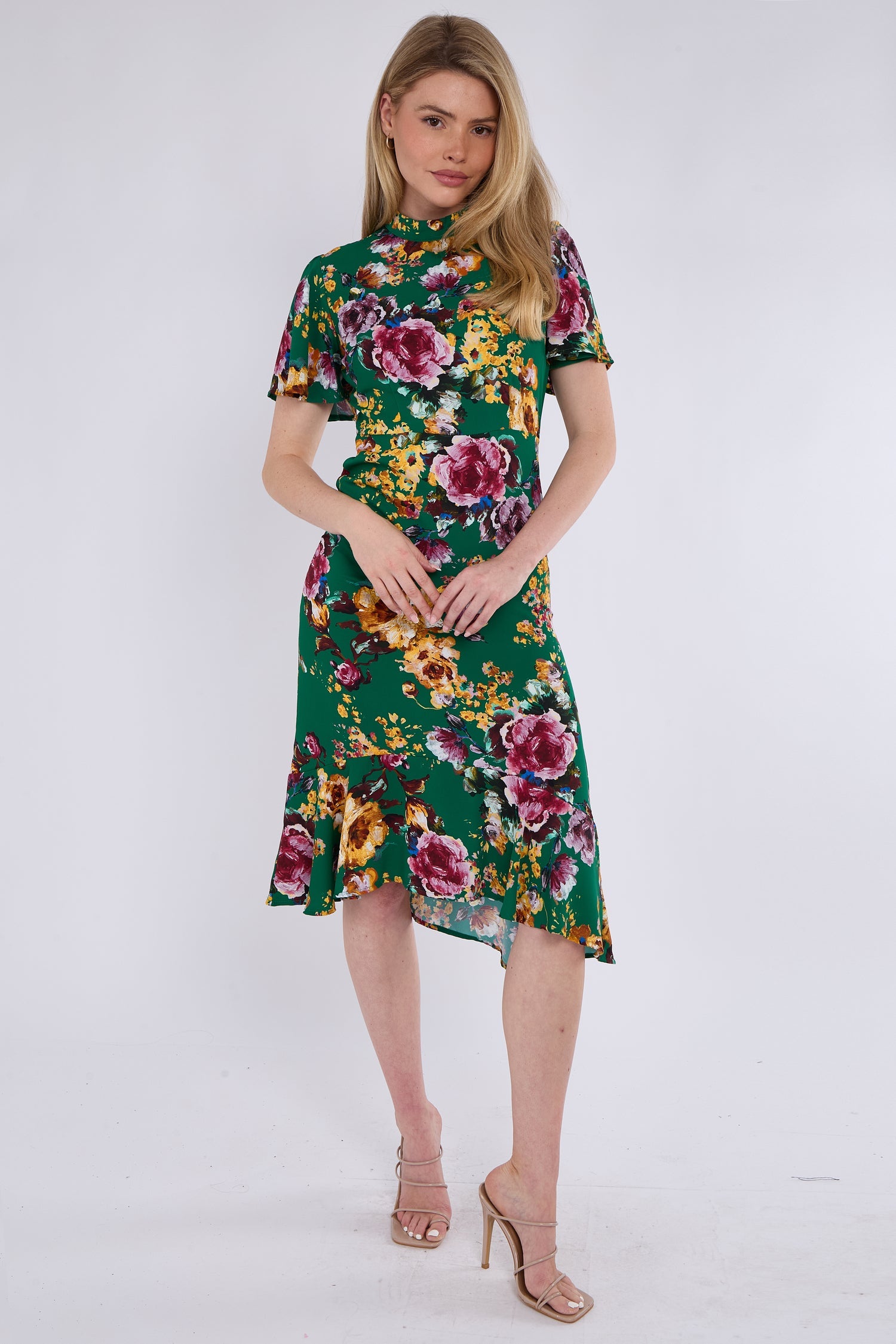 8Pcs Gren Floral Print Flutter Sleeve Midi Tea Dress