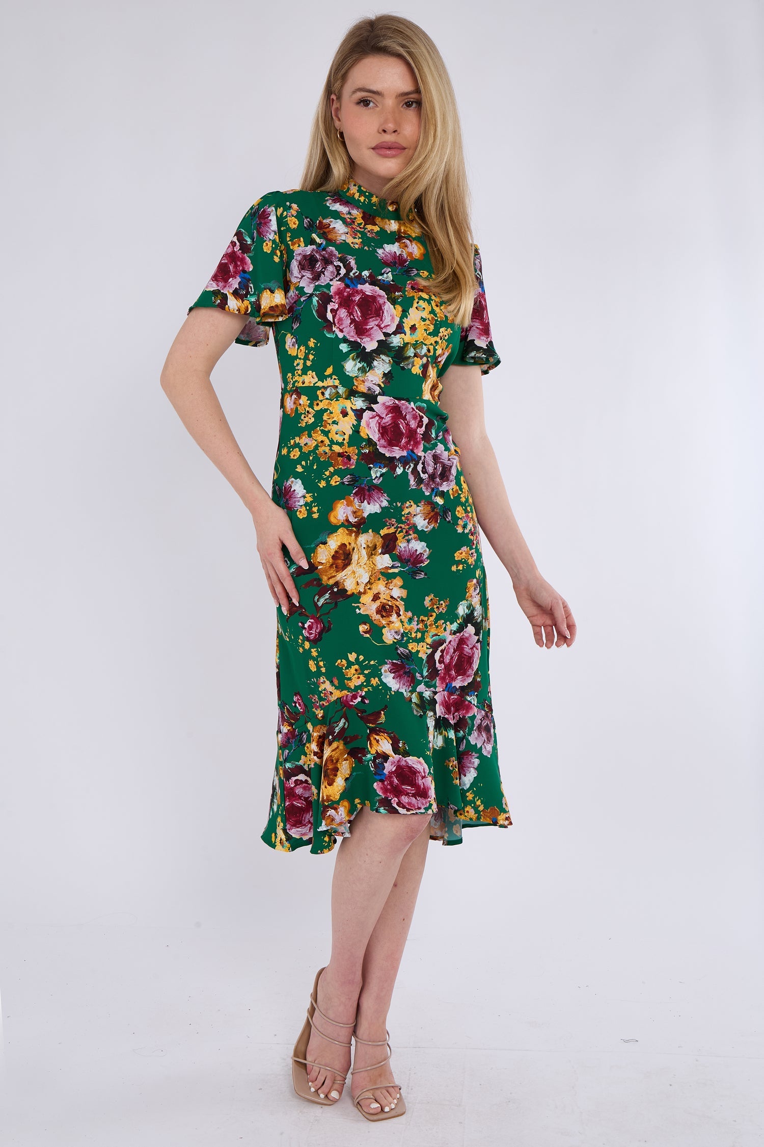 8Pcs Gren Floral Print Flutter Sleeve Midi Tea Dress