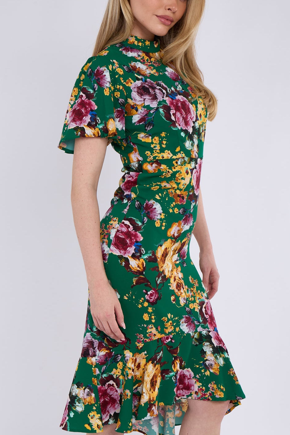 8Pcs Gren Floral Print Flutter Sleeve Midi Tea Dress