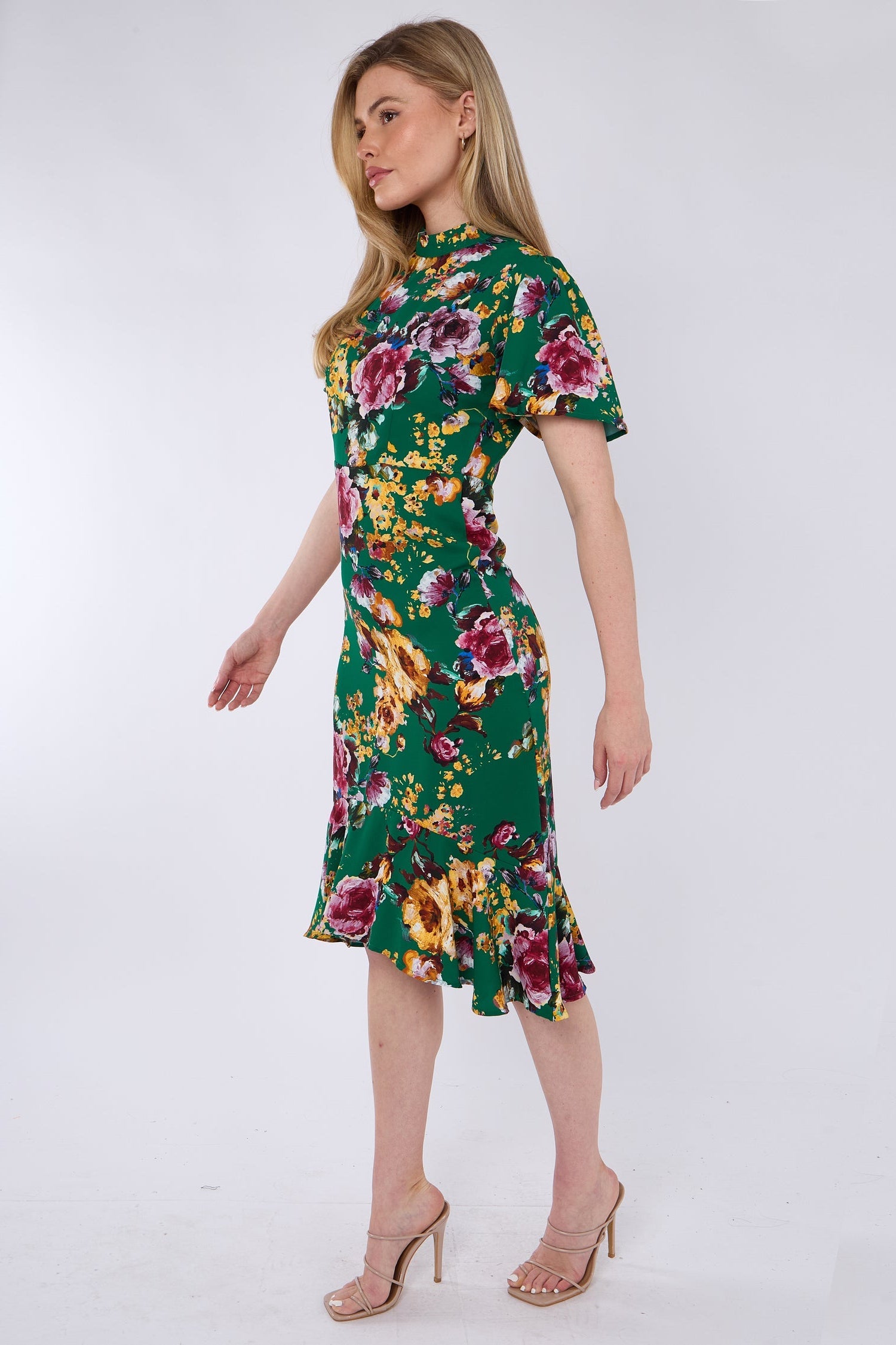 8Pcs Gren Floral Print Flutter Sleeve Midi Tea Dress