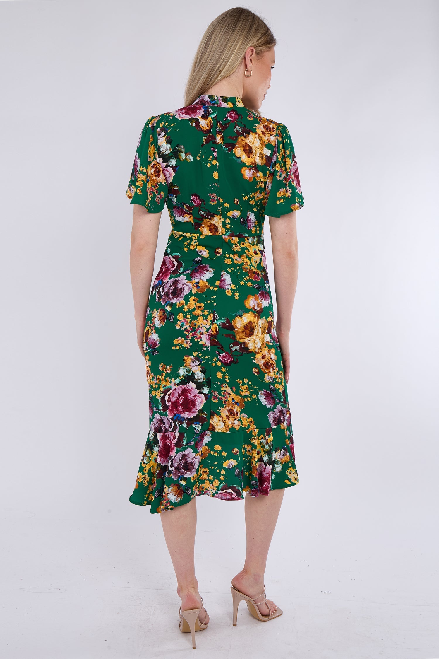 8Pcs Gren Floral Print Flutter Sleeve Midi Tea Dress