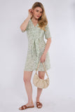6Pcs Light Green Leaf Print Knotted Mini Dress