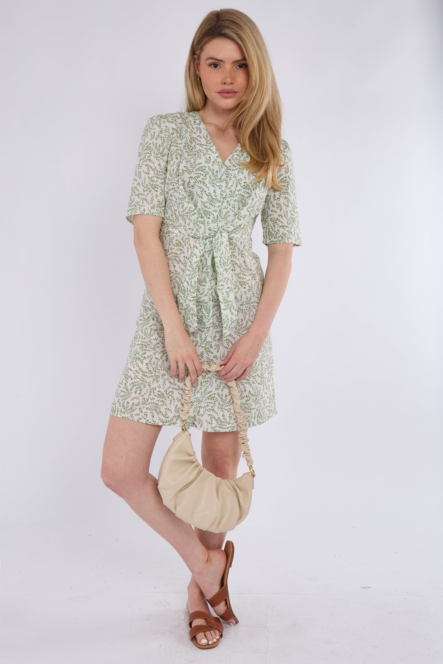 6Pcs Light Green Leaf Print Knotted Mini Dress