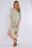 6Pcs Light Green Leaf Print Knotted Mini Dress