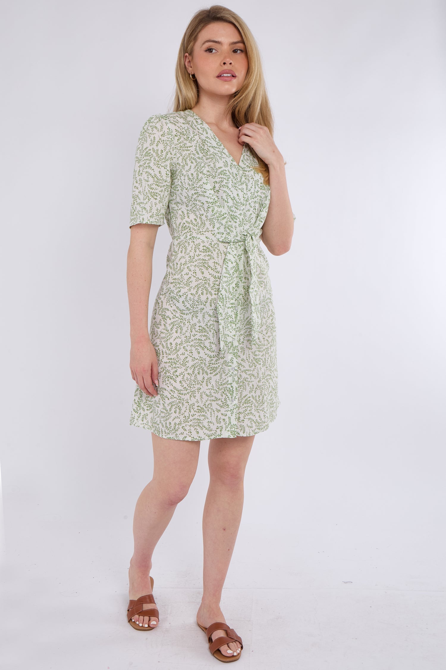 6Pcs Light Green Leaf Print Knotted Mini Dress