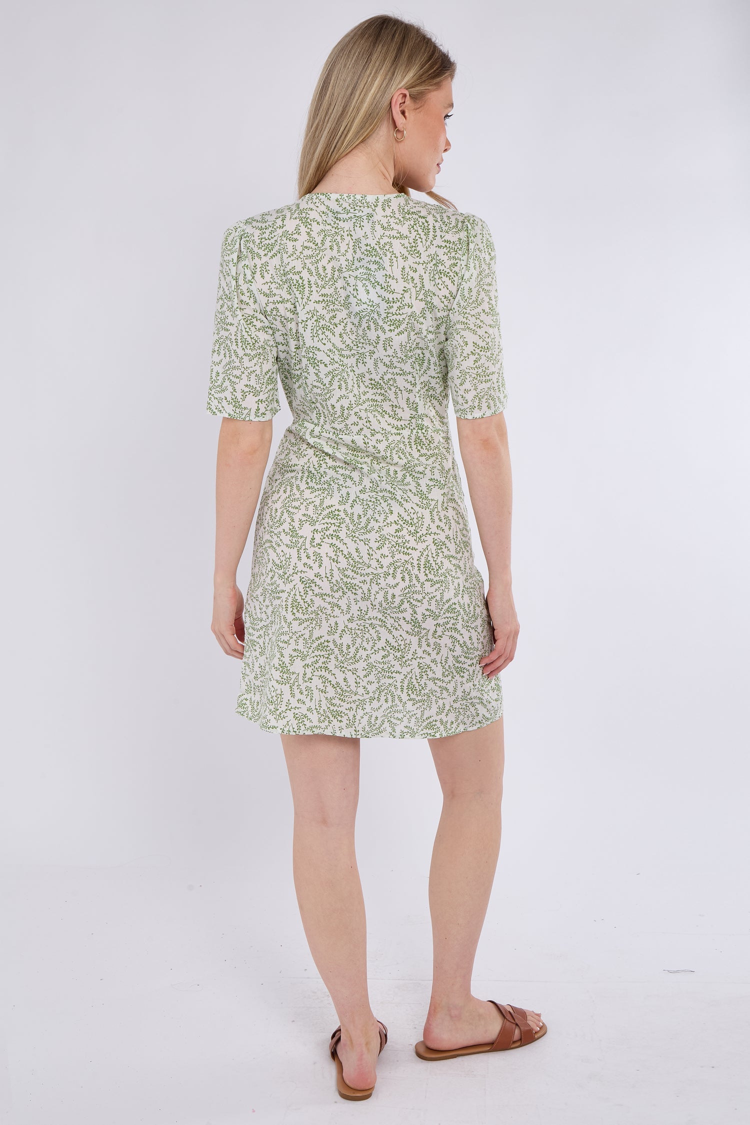 6Pcs Light Green Leaf Print Knotted Mini Dress