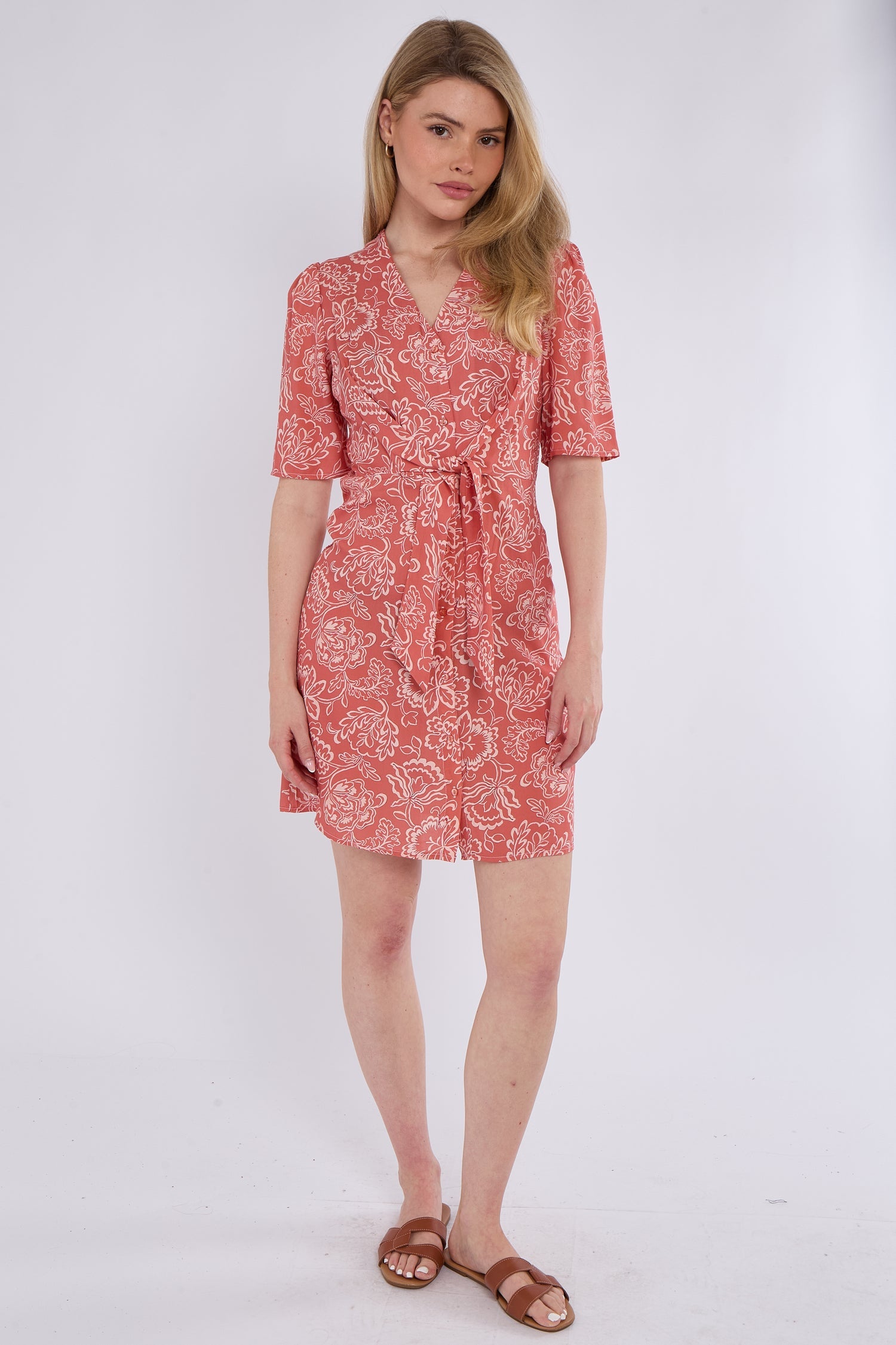 6Pcs Coral Floral Print Knotted Mini Dress