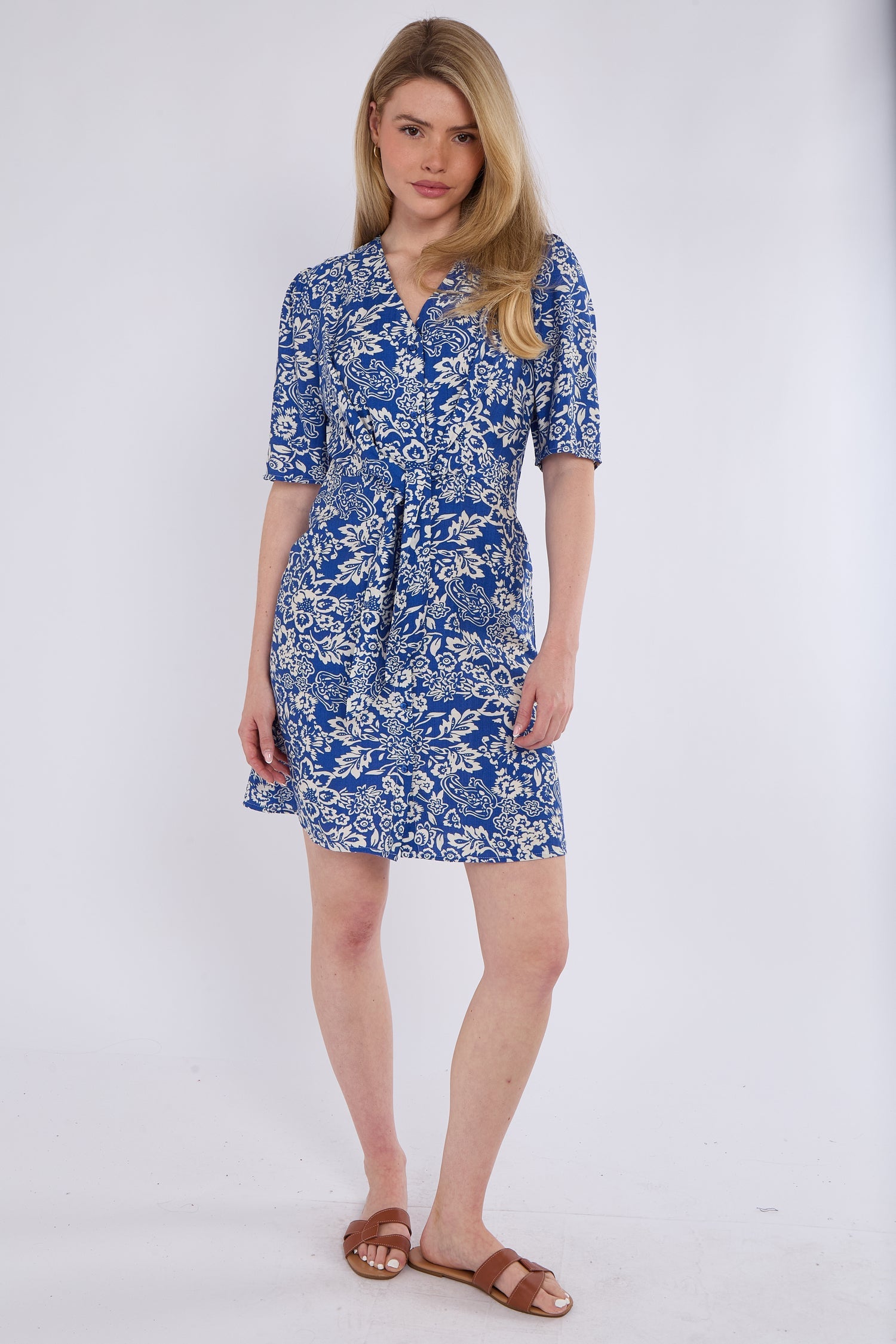 6Pcs Blue Paisley Floral Print Knotted Mini Dress