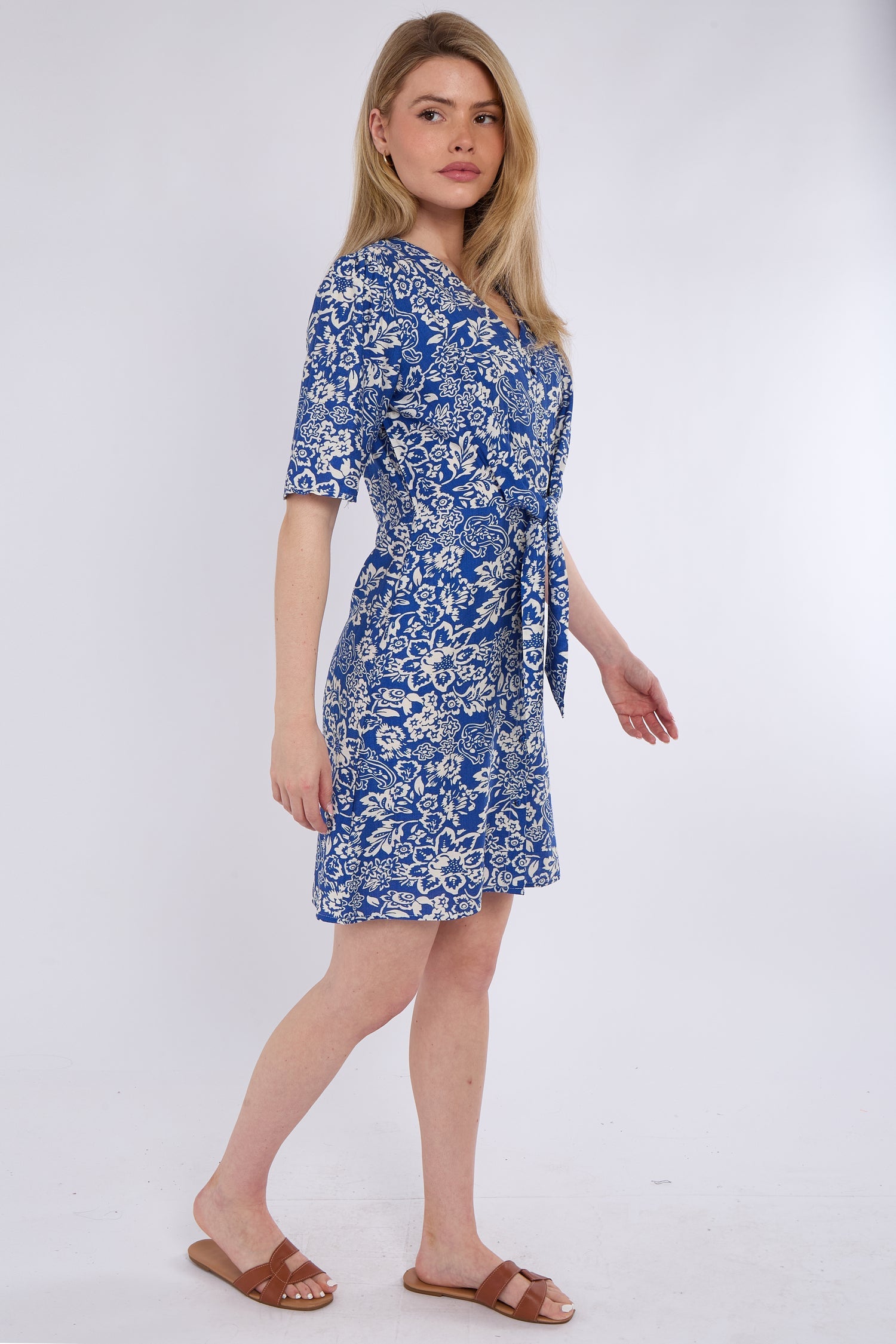 6Pcs Blue Paisley Floral Print Knotted Mini Dress
