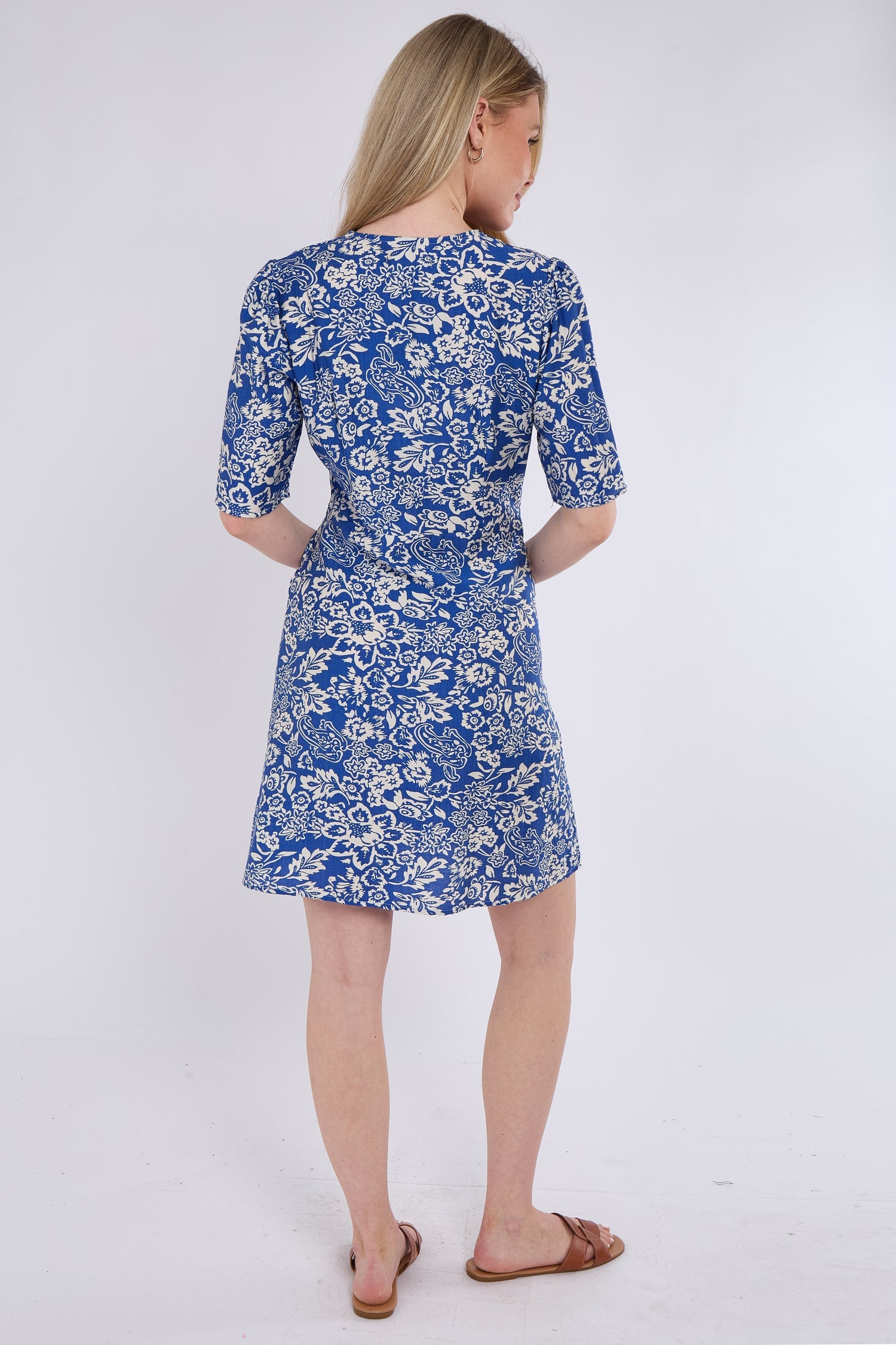 6Pcs Blue Paisley Floral Print Knotted Mini Dress