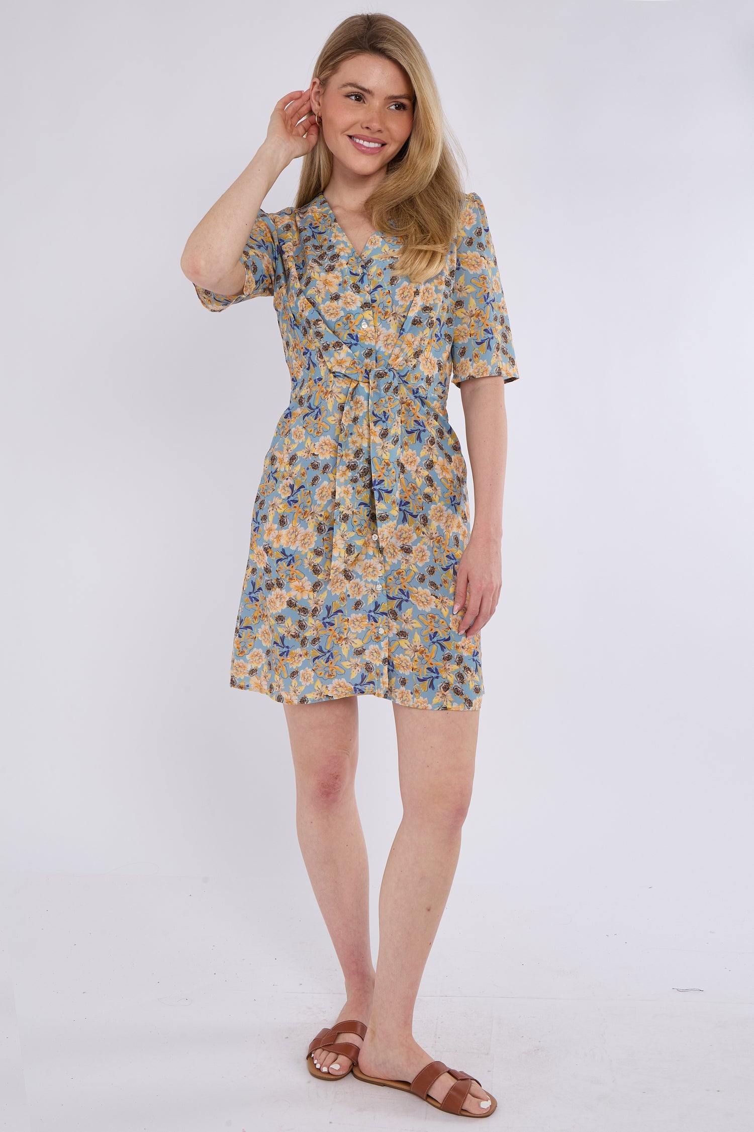 6Pcs Yellow & Blue Floral Print Knotted Mini Dress
