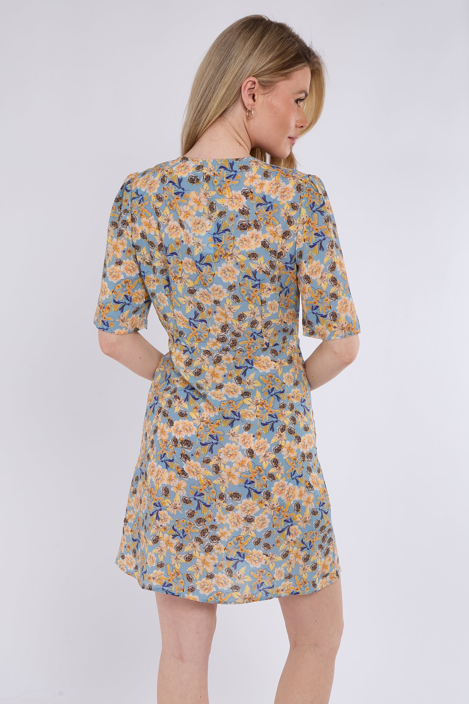 6Pcs Yellow & Blue Floral Print Knotted Mini Dress
