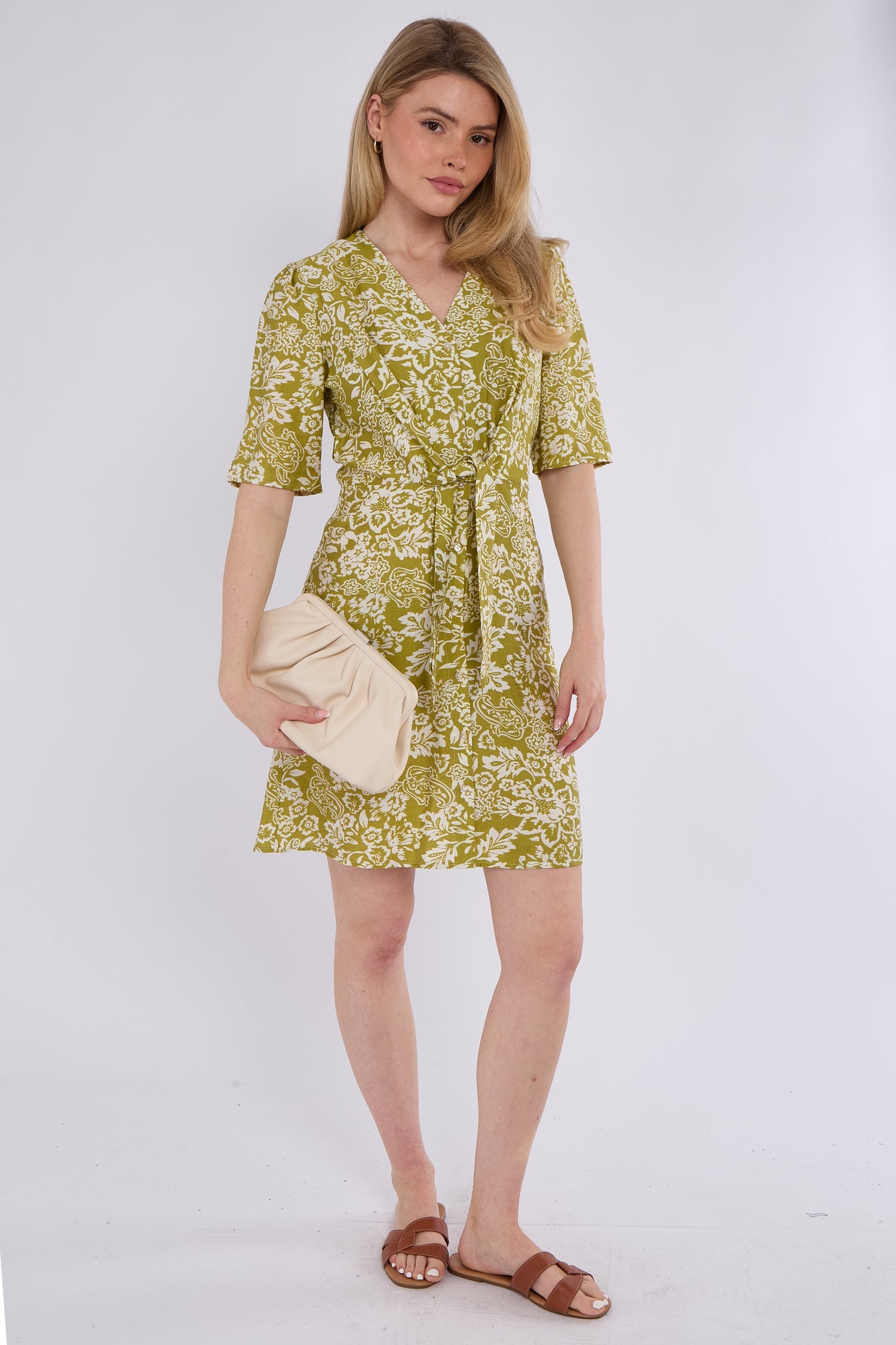 6Pcs Lime Green Paisley Floral Print Knotted Mini Dress