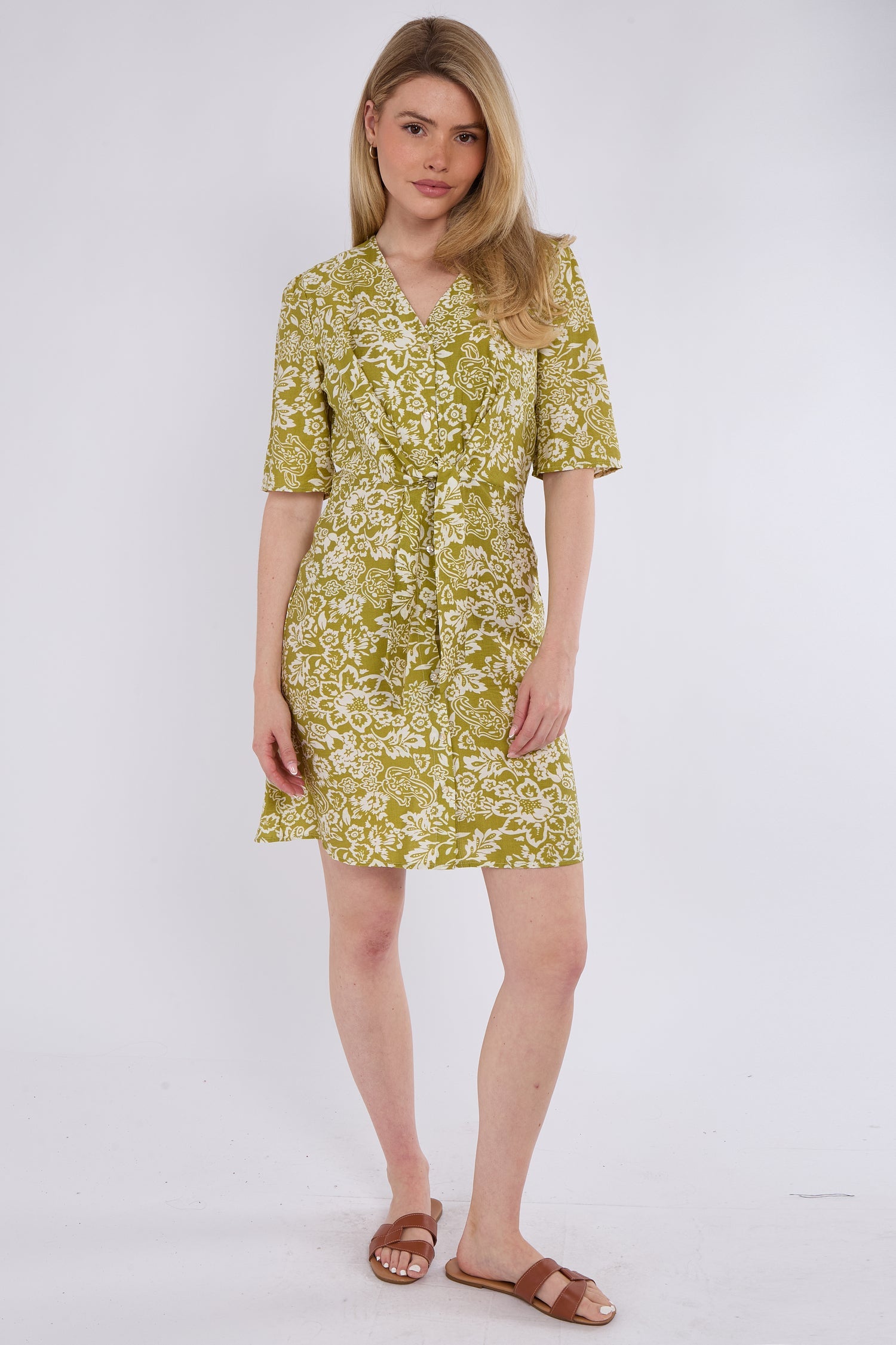 6Pcs Lime Green Paisley Floral Print Knotted Mini Dress