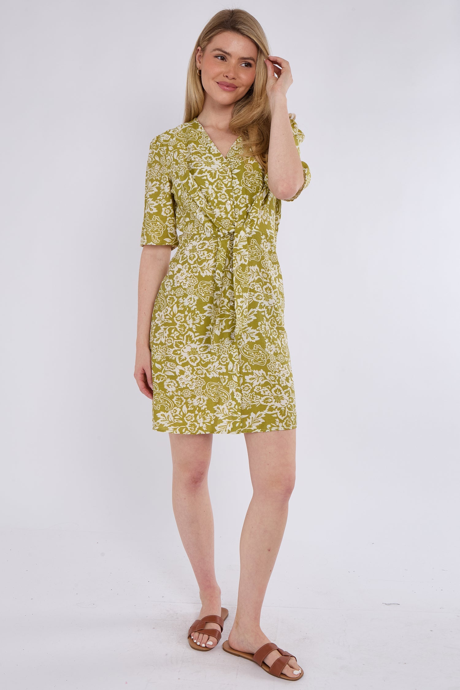 6Pcs Lime Green Paisley Floral Print Knotted Mini Dress