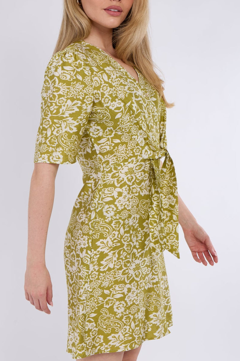 6Pcs Lime Green Paisley Floral Print Knotted Mini Dress
