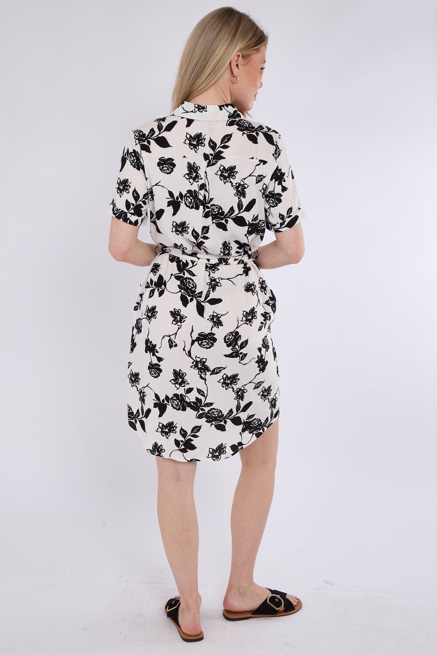 6Pcs Black Floral Print Short Sleeve Mini Shirt Dress