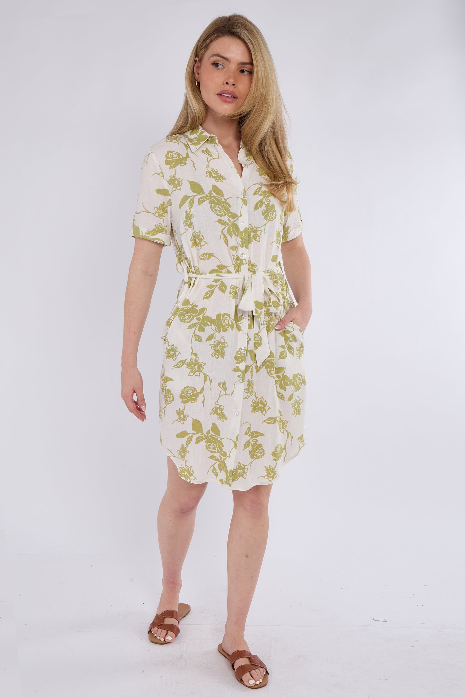 6Pcs Lime Floral Print Short Sleeve Mini Shirt Dress