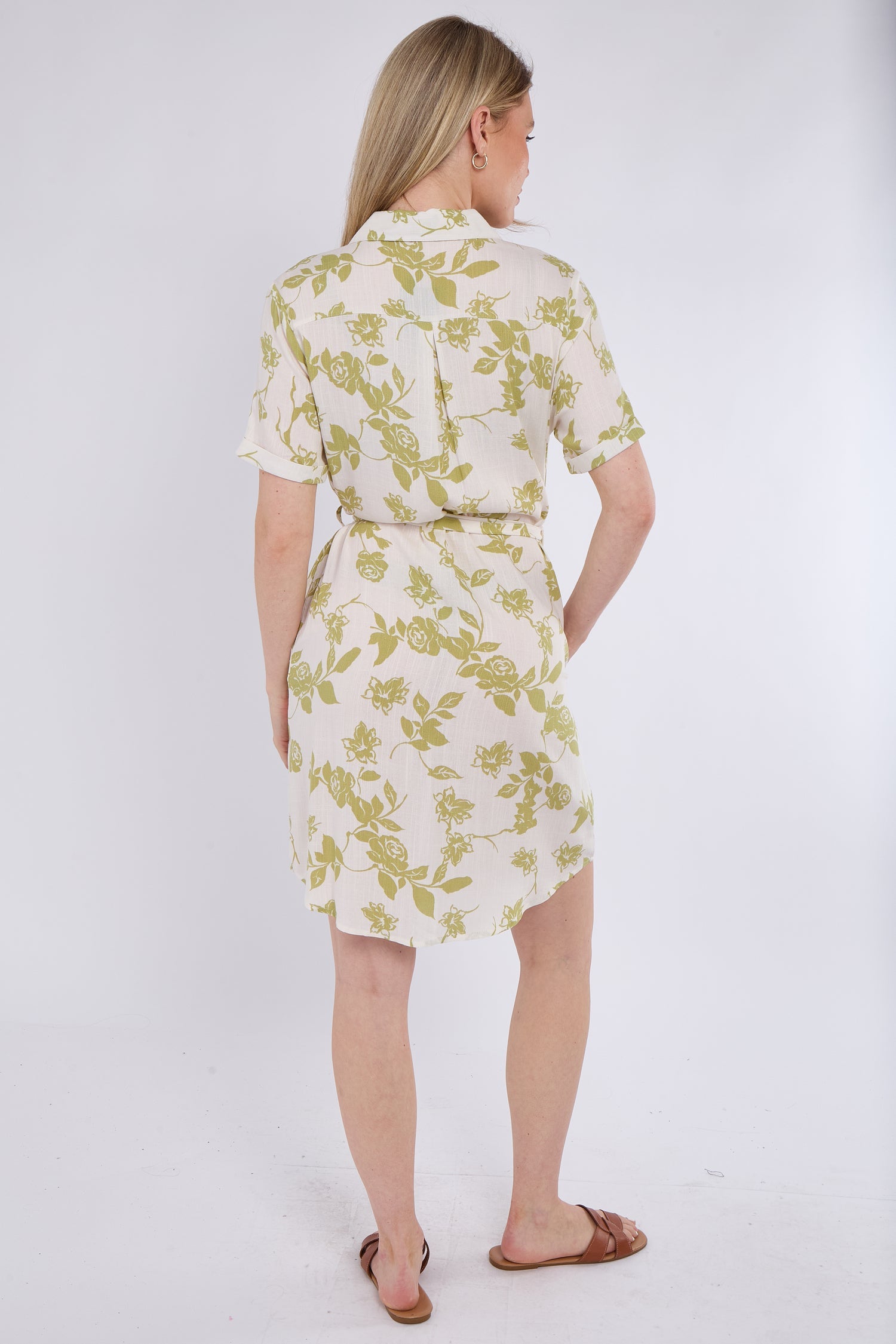 6Pcs Lime Floral Print Short Sleeve Mini Shirt Dress