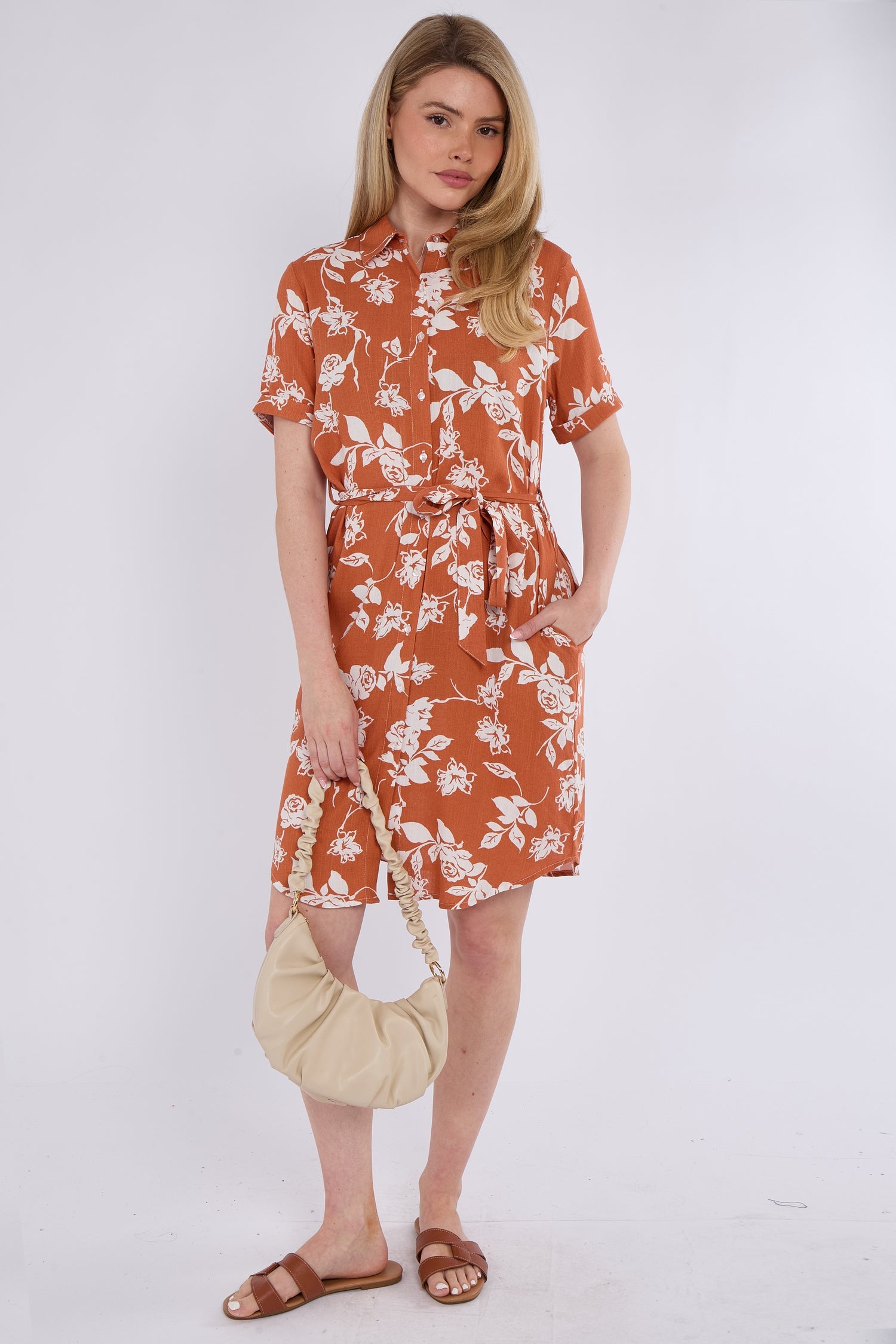 6Pcs Coral Floral Print Short Sleeve Mini Shirt Dress