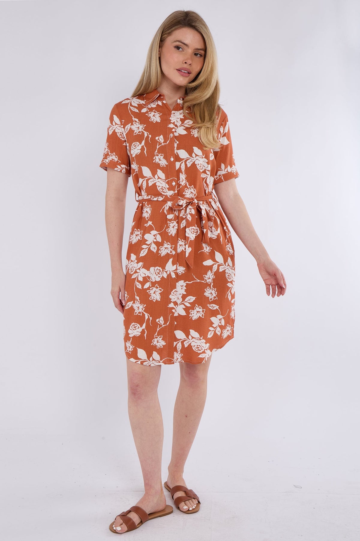 6Pcs Coral Floral Print Short Sleeve Mini Shirt Dress