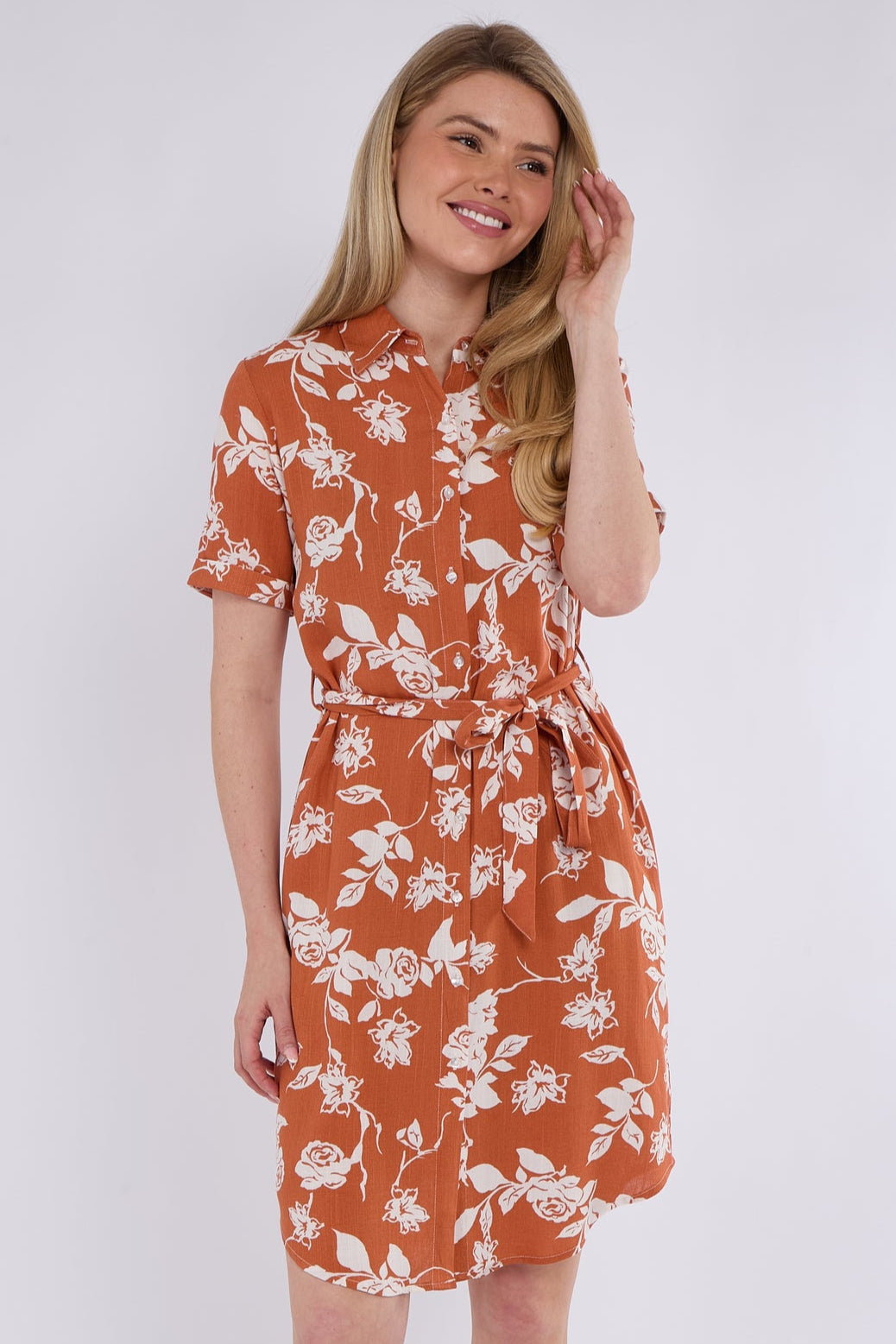 6Pcs Coral Floral Print Short Sleeve Mini Shirt Dress