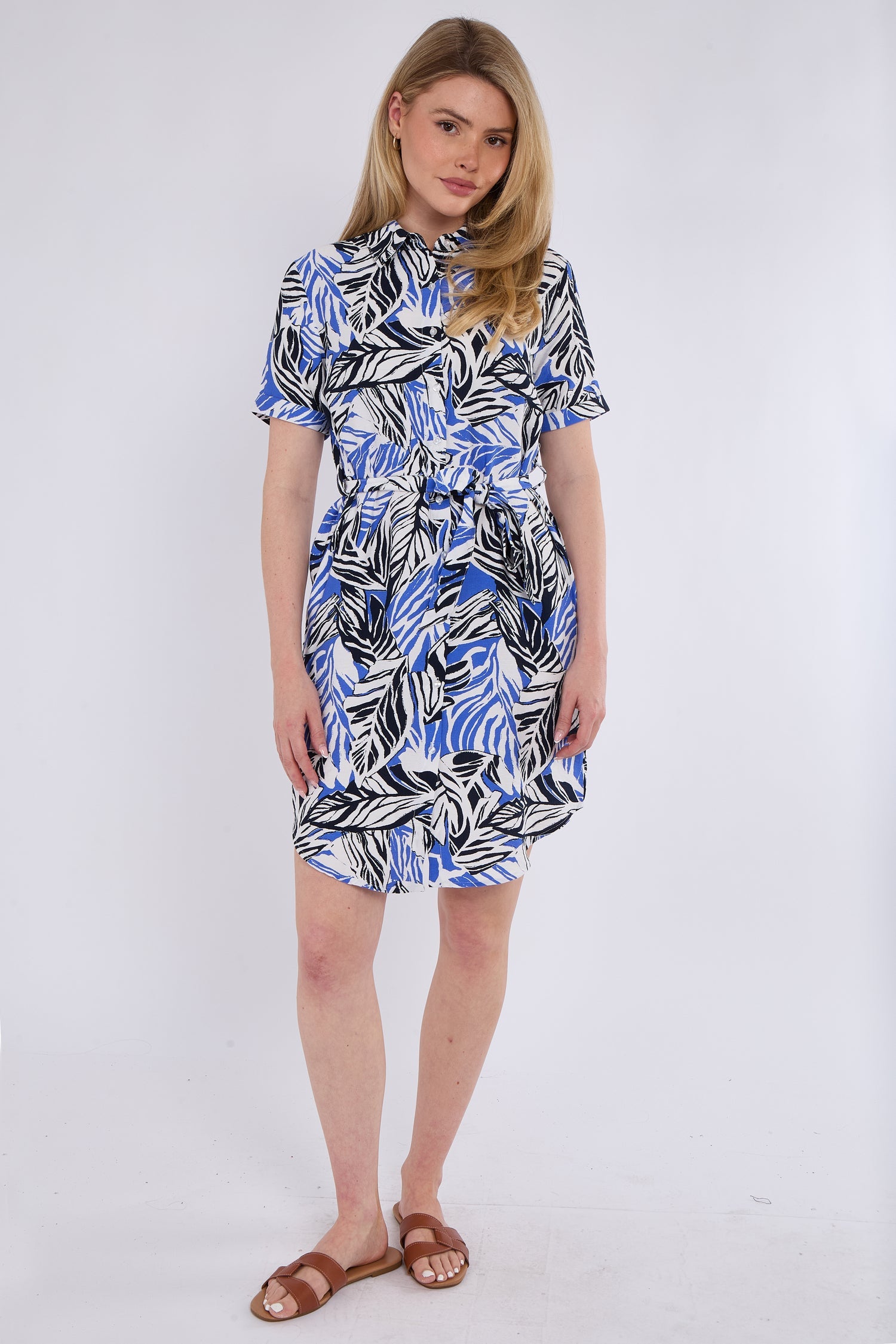 6Pcs Blue Leaf Print Short Sleeve Mini Shirt Dress