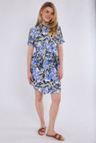 6Pcs Blue Leaf Print Short Sleeve Mini Shirt Dress