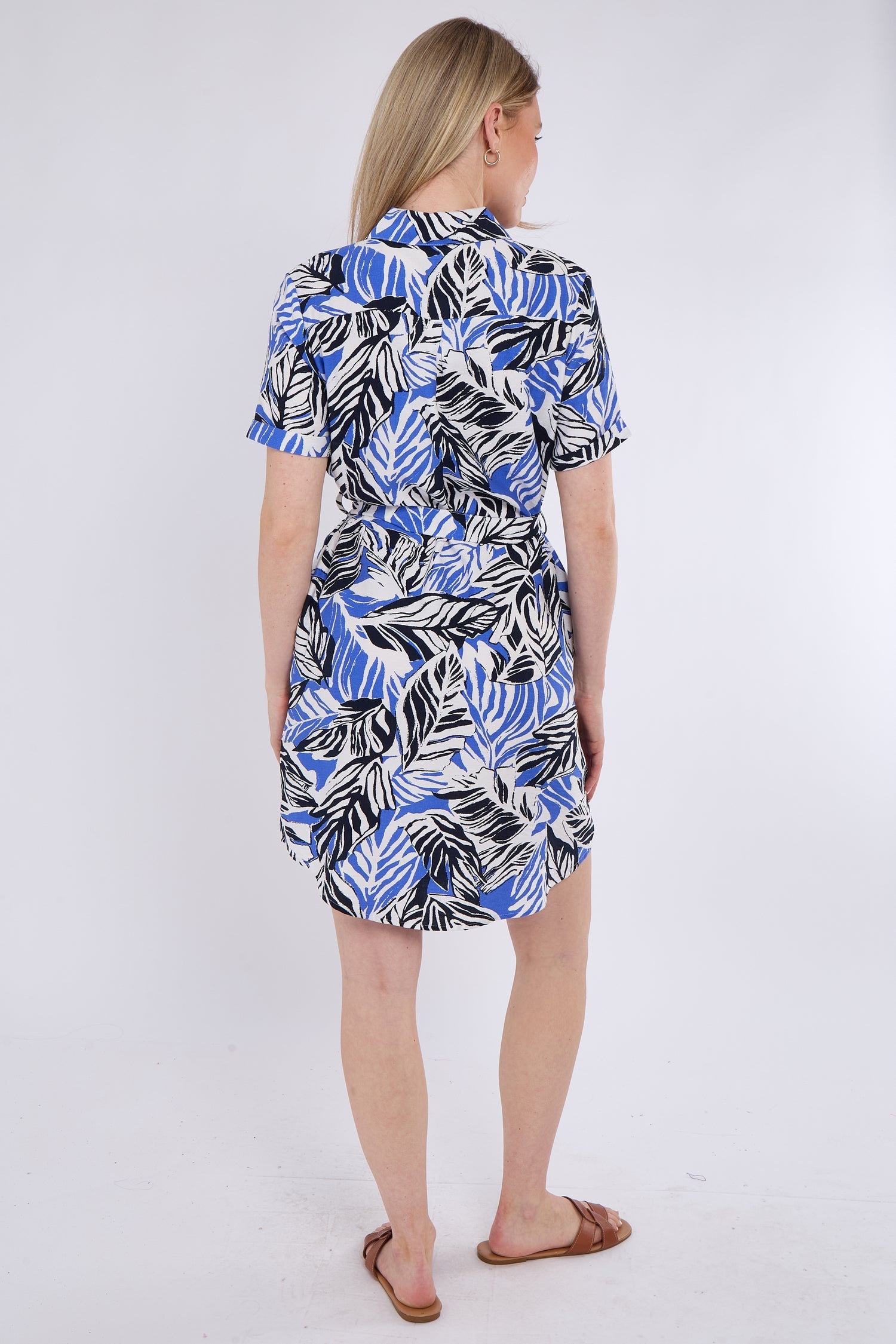 6Pcs Blue Leaf Print Short Sleeve Mini Shirt Dress