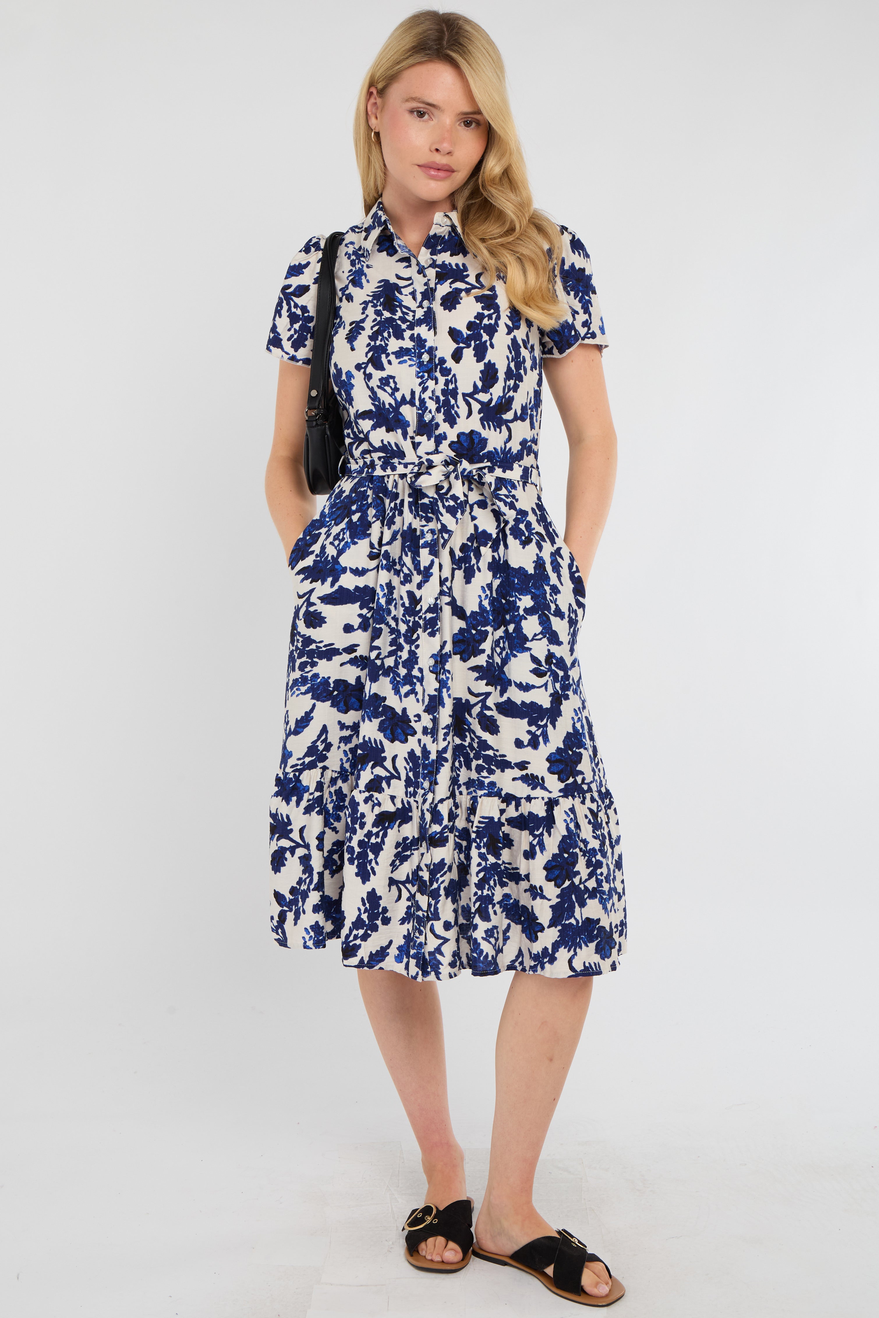 8Pcs Cobalt Leaf Print Linen-Blend Midi Shirt Dress