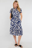 8Pcs Cobalt Leaf Print Linen-Blend Midi Shirt Dress