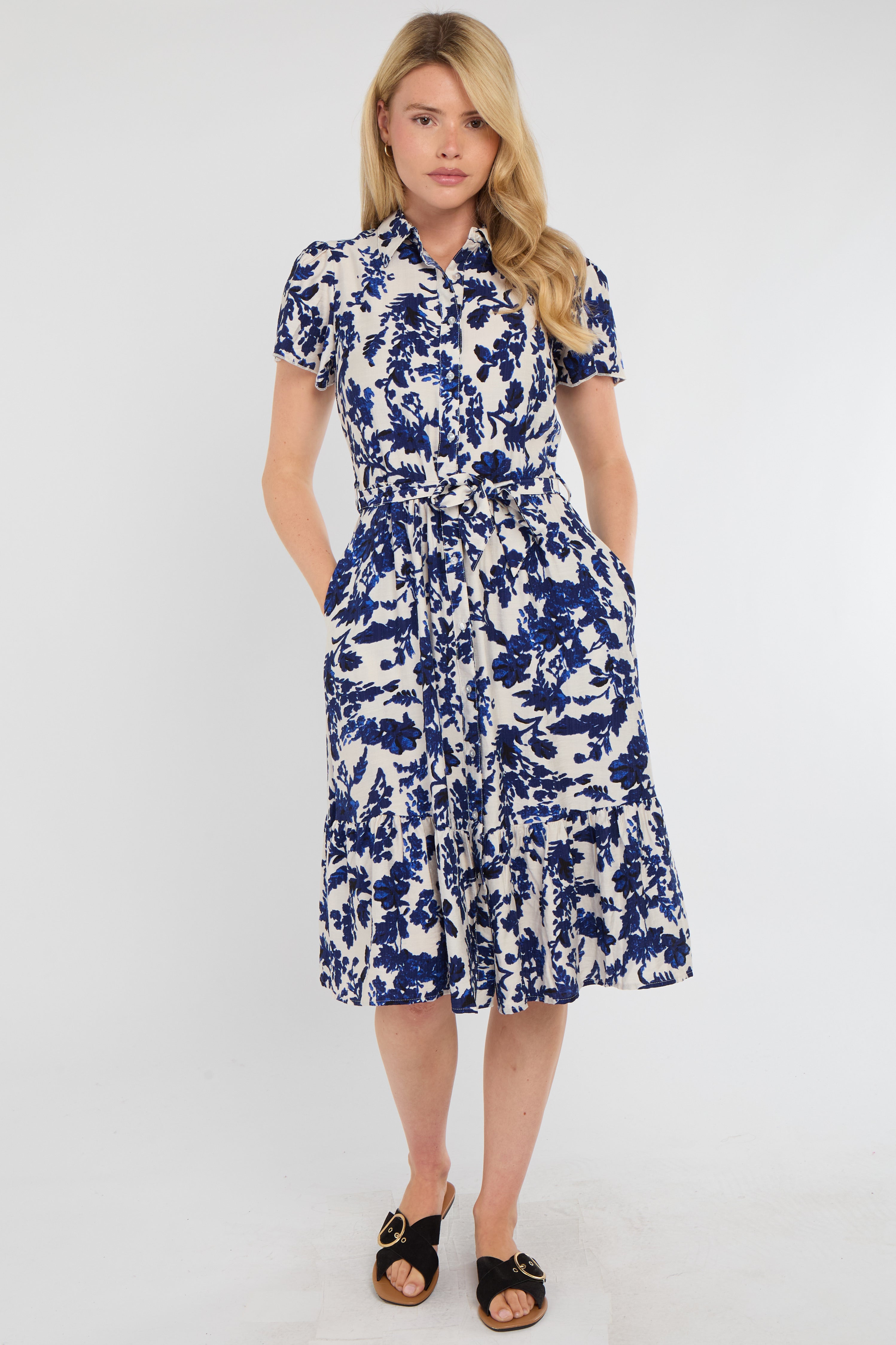 8Pcs Cobalt Leaf Print Linen-Blend Midi Shirt Dress