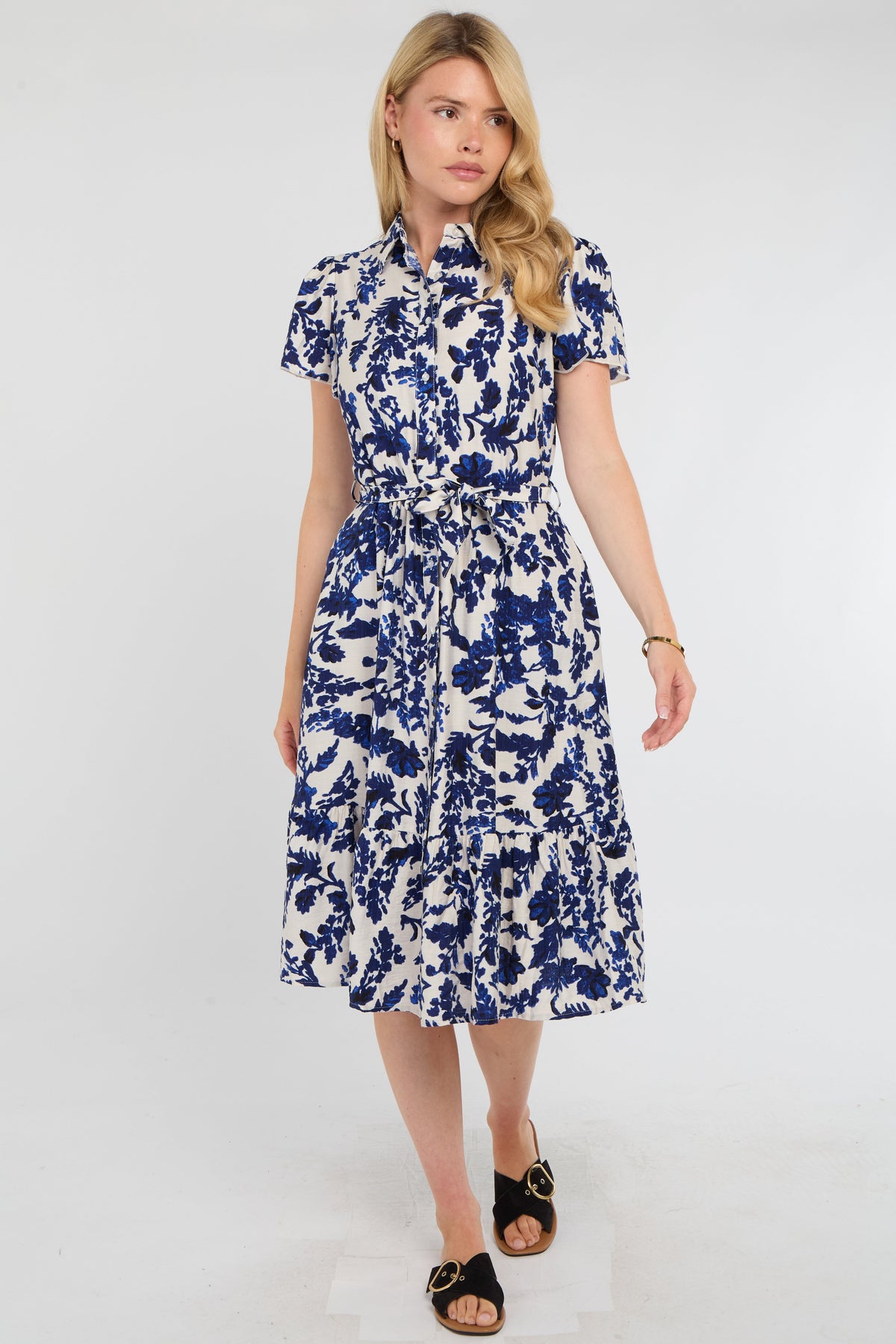 8Pcs Cobalt Leaf Print Linen-Blend Midi Shirt Dress