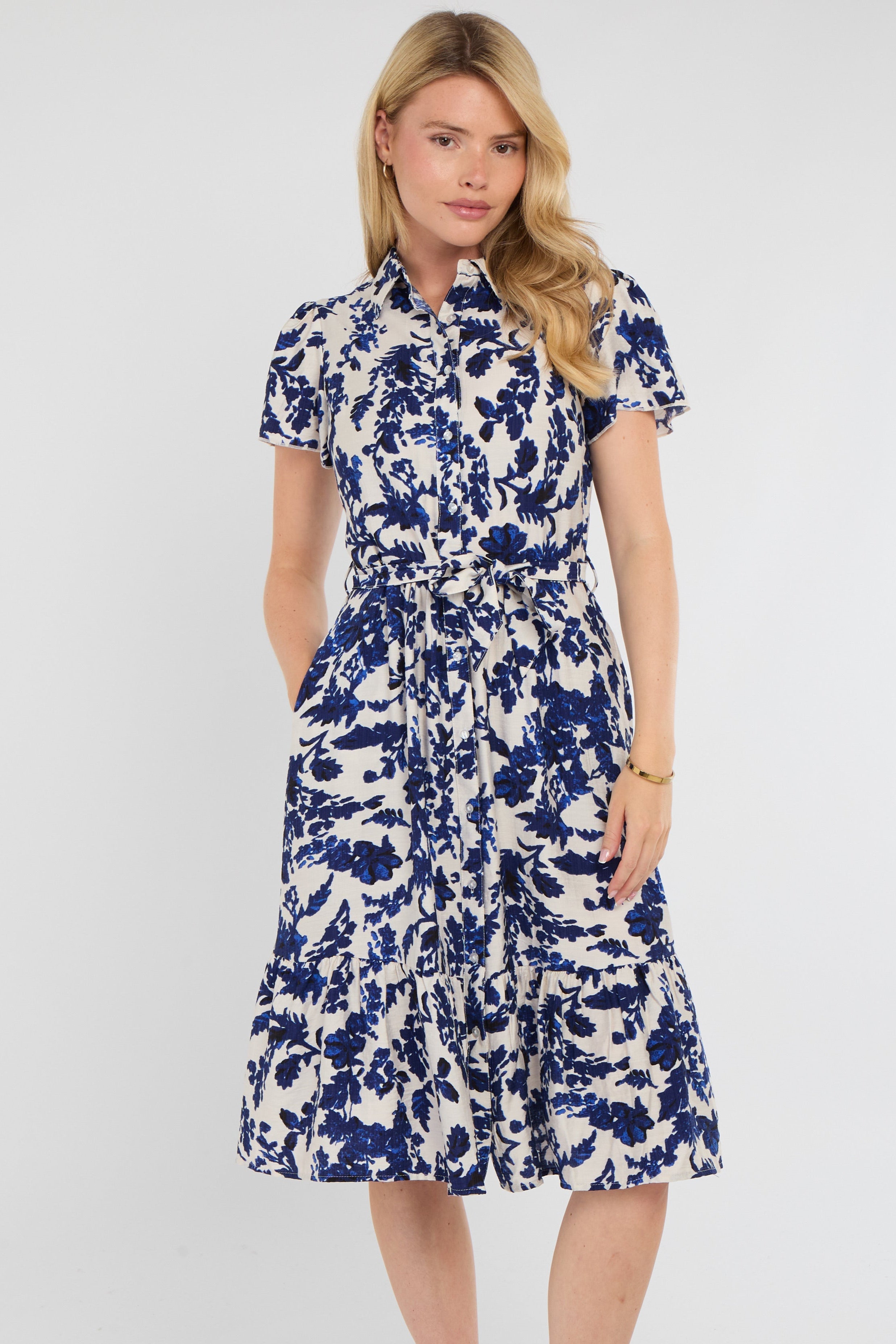 8Pcs Cobalt Leaf Print Linen-Blend Midi Shirt Dress
