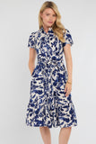 8Pcs Cobalt Leaf Print Linen-Blend Midi Shirt Dress
